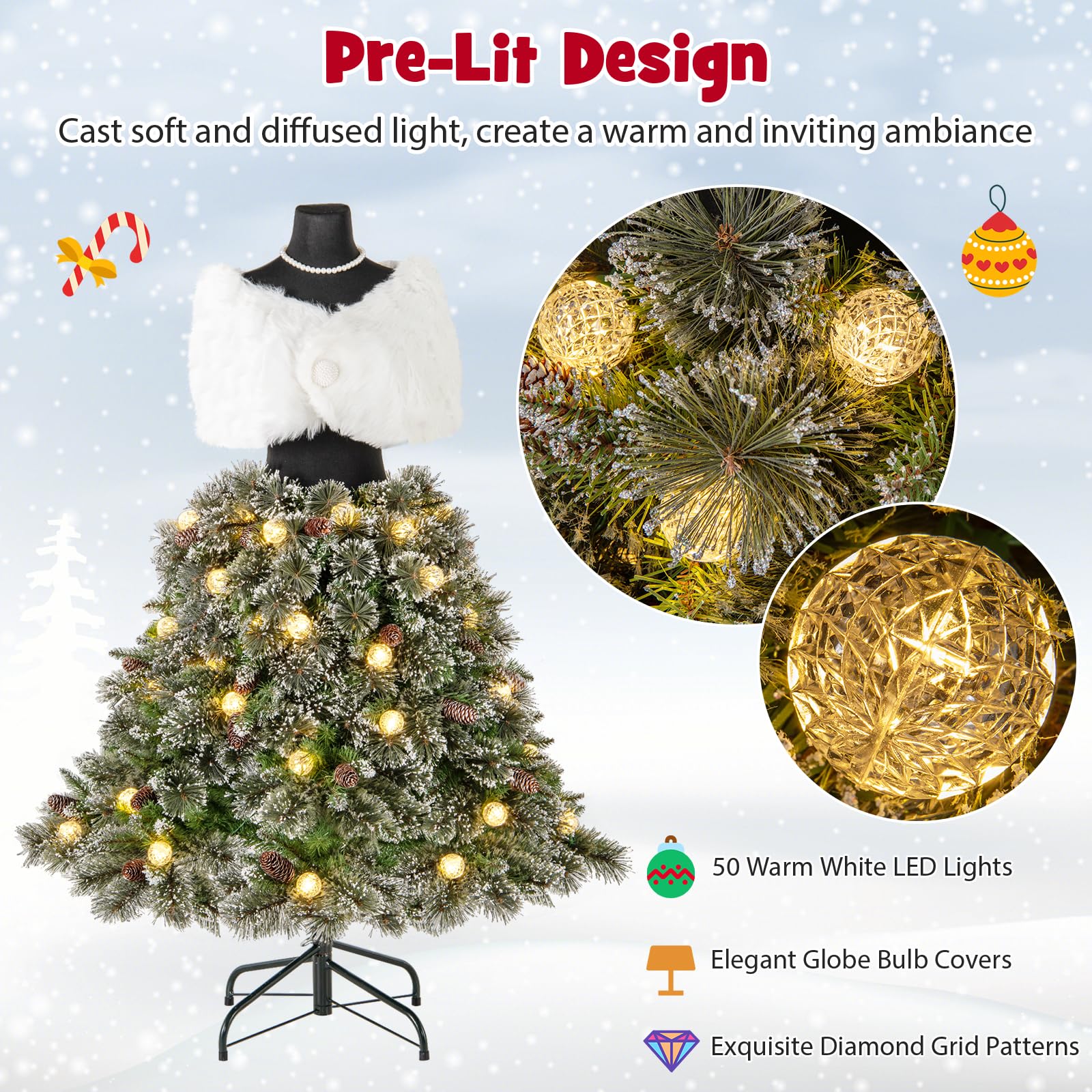 Goplus 5ft Pre-Lit Dress Form Christmas Tree with Female Mannequin Torso Shawl Necklace - Image 2