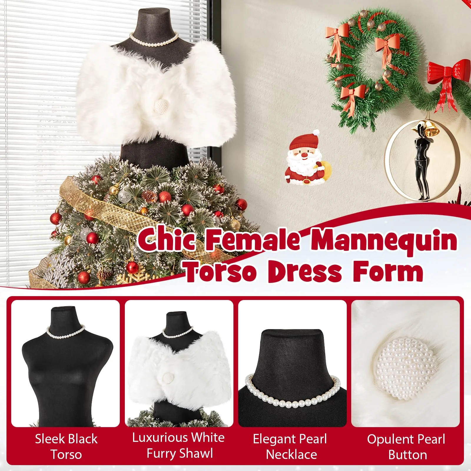 Goplus 5ft Pre-Lit Dress Form Christmas Tree with Female Mannequin Torso Shawl Necklace - Image 4