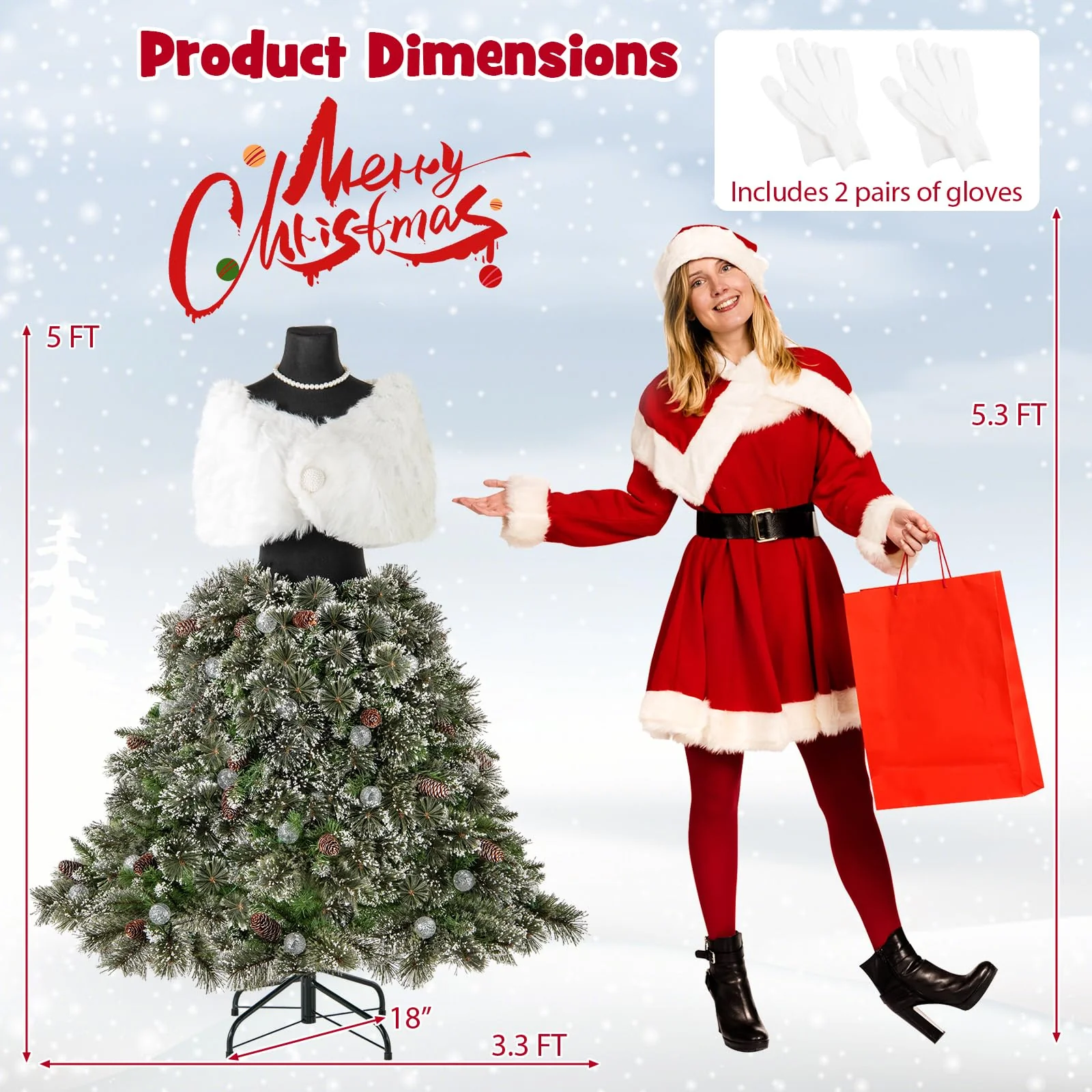 Goplus 5ft Pre-Lit Dress Form Christmas Tree with Female Mannequin Torso Shawl Necklace - Image 7
