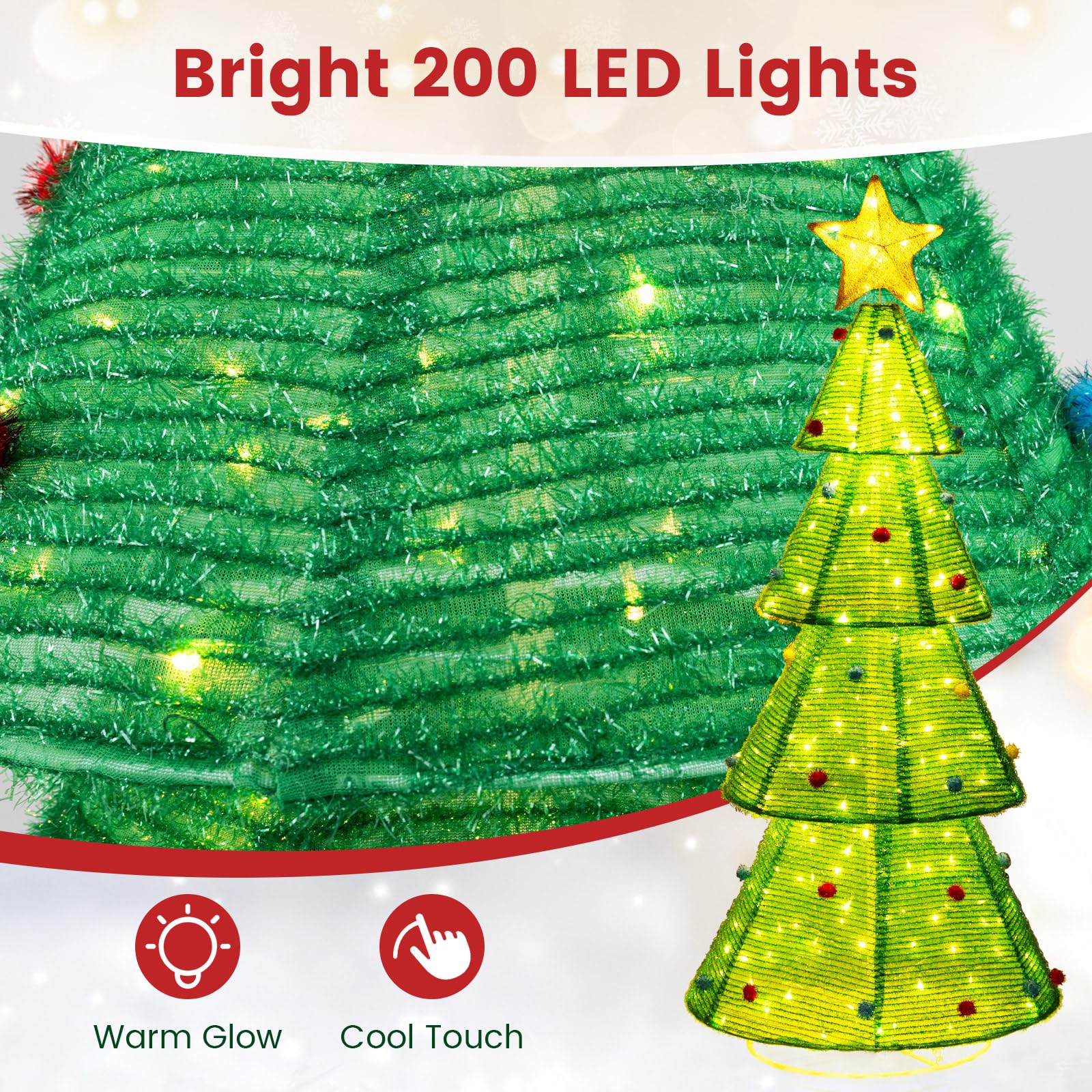 Goplus 6.2 FT Collapsible Christmas Tree with 200 Built-in LED Lights, Pre-Lit Christmas Tree w/Top Star Decoration & Furry Balls - Image 3
