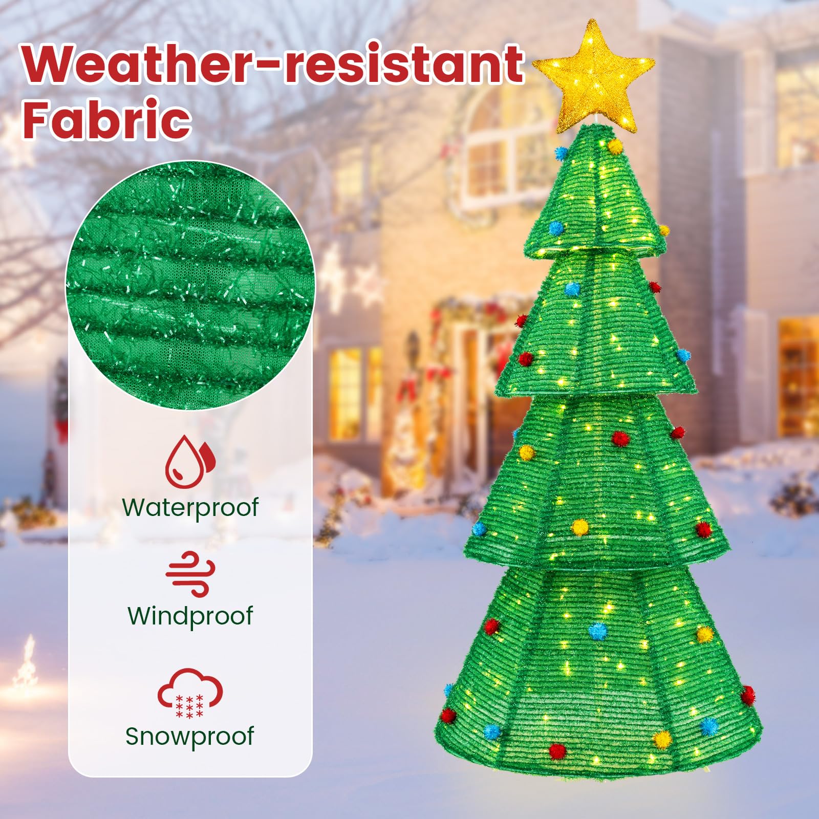 Goplus 6.2 FT Collapsible Christmas Tree with 200 Built-in LED Lights, Pre-Lit Christmas Tree w/Top Star Decoration & Furry Balls - Image 4