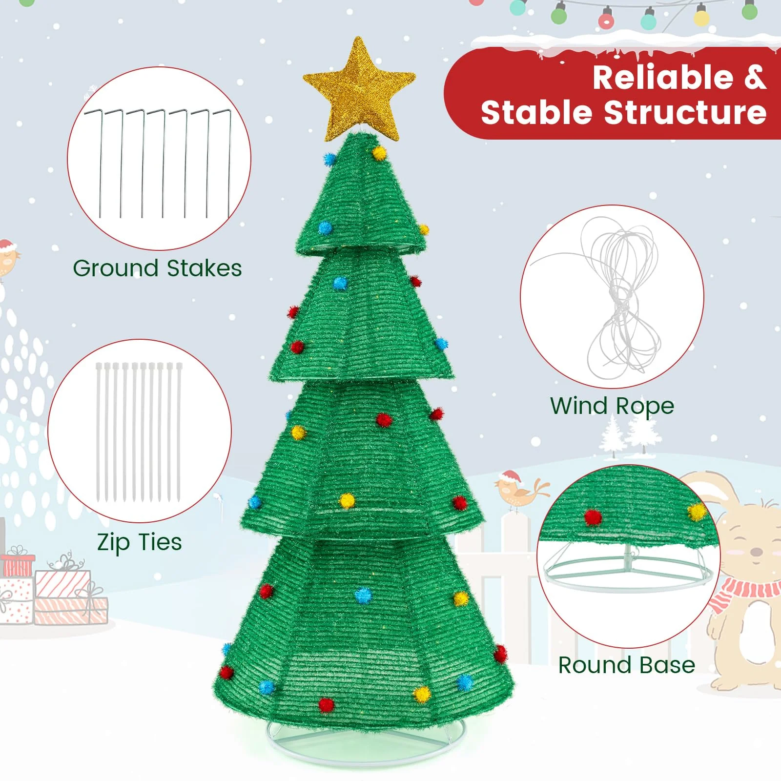 Goplus 6.2 FT Collapsible Christmas Tree with 200 Built-in LED Lights, Pre-Lit Christmas Tree w/Top Star Decoration & Furry Balls - Image 5