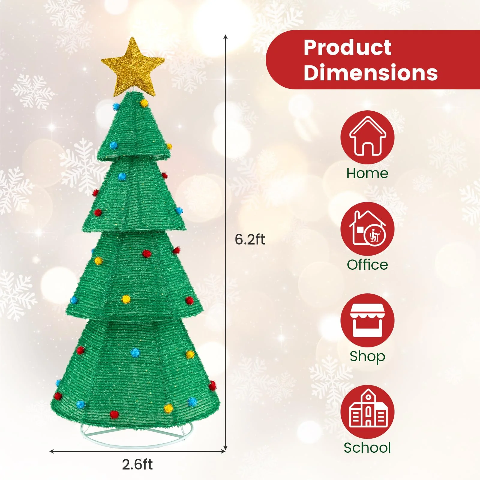Goplus 6.2 FT Collapsible Christmas Tree with 200 Built-in LED Lights, Pre-Lit Christmas Tree w/Top Star Decoration & Furry Balls - Image 8