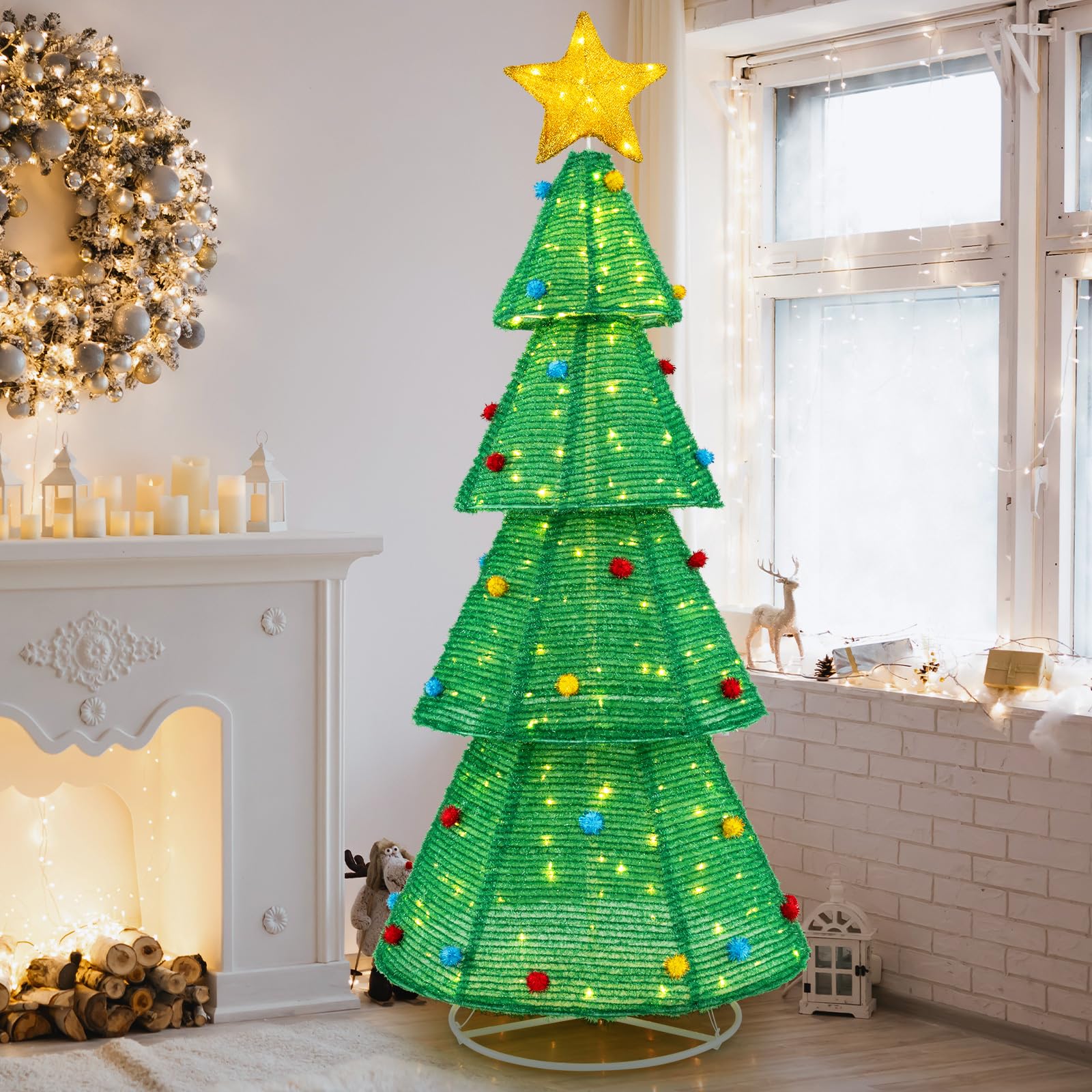Goplus 6.2 FT Collapsible Christmas Tree with 200 Built-in LED Lights, Pre-Lit Christmas Tree w/Top Star Decoration & Furry Balls - Image 9