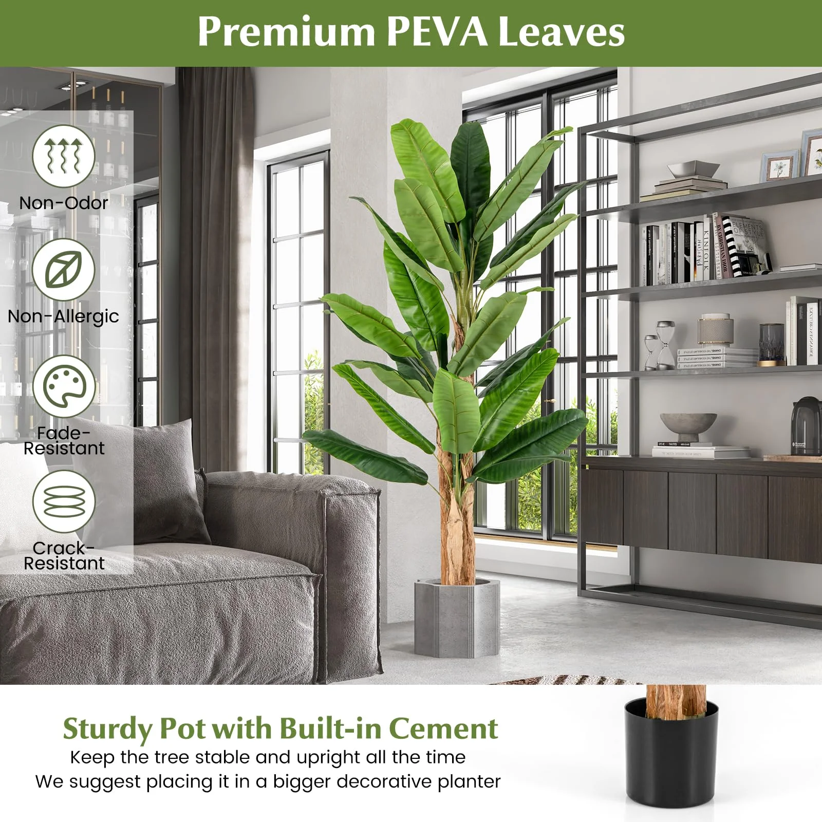 Goplus 6.5 FT Tall Artificial Banana Tree, Fake Banana Tree w/ 27 Large Leaves, Triple Stalks, Natural Bark - Image 3