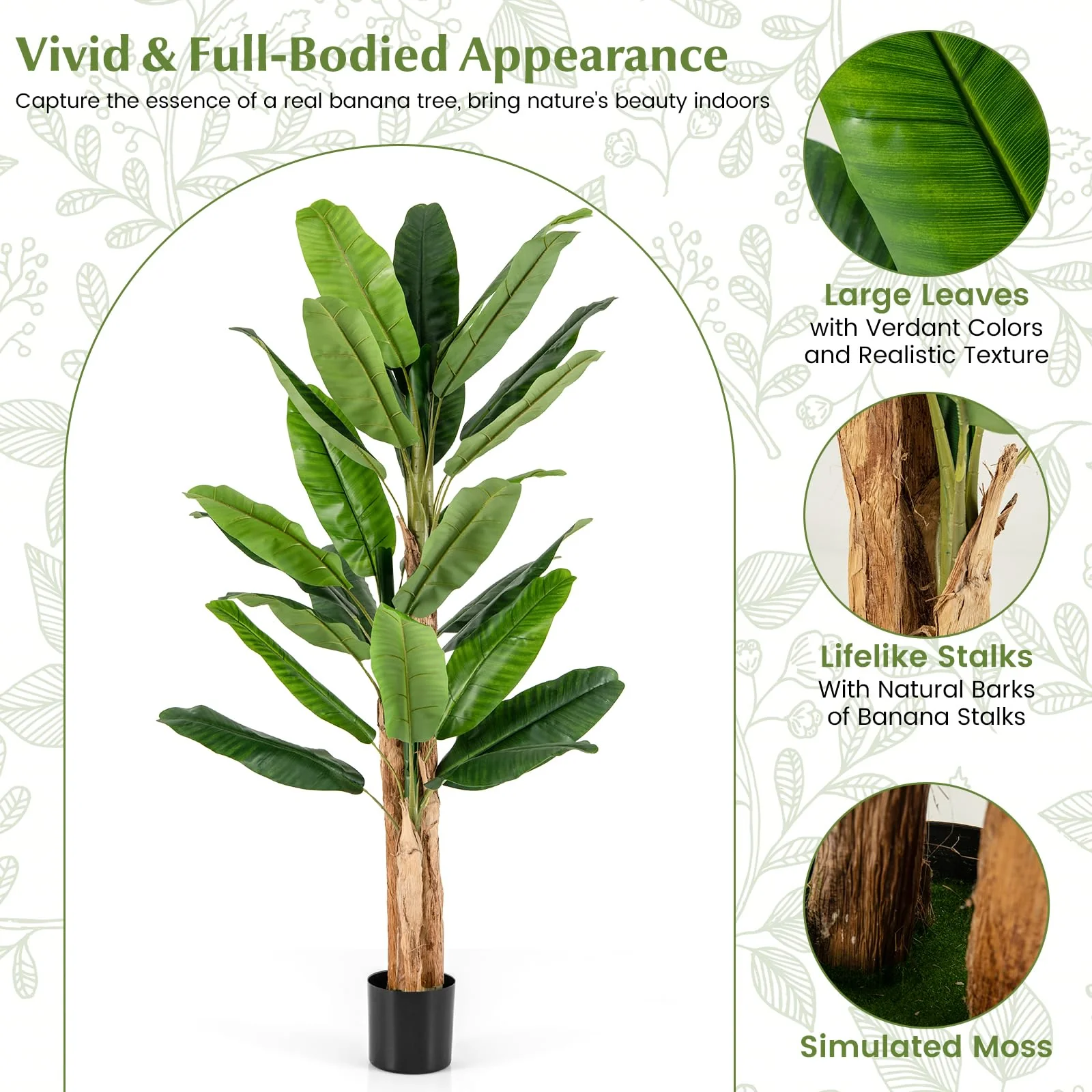 Goplus 6.5 FT Tall Artificial Banana Tree, Fake Banana Tree w/ 27 Large Leaves, Triple Stalks, Natural Bark - Image 4