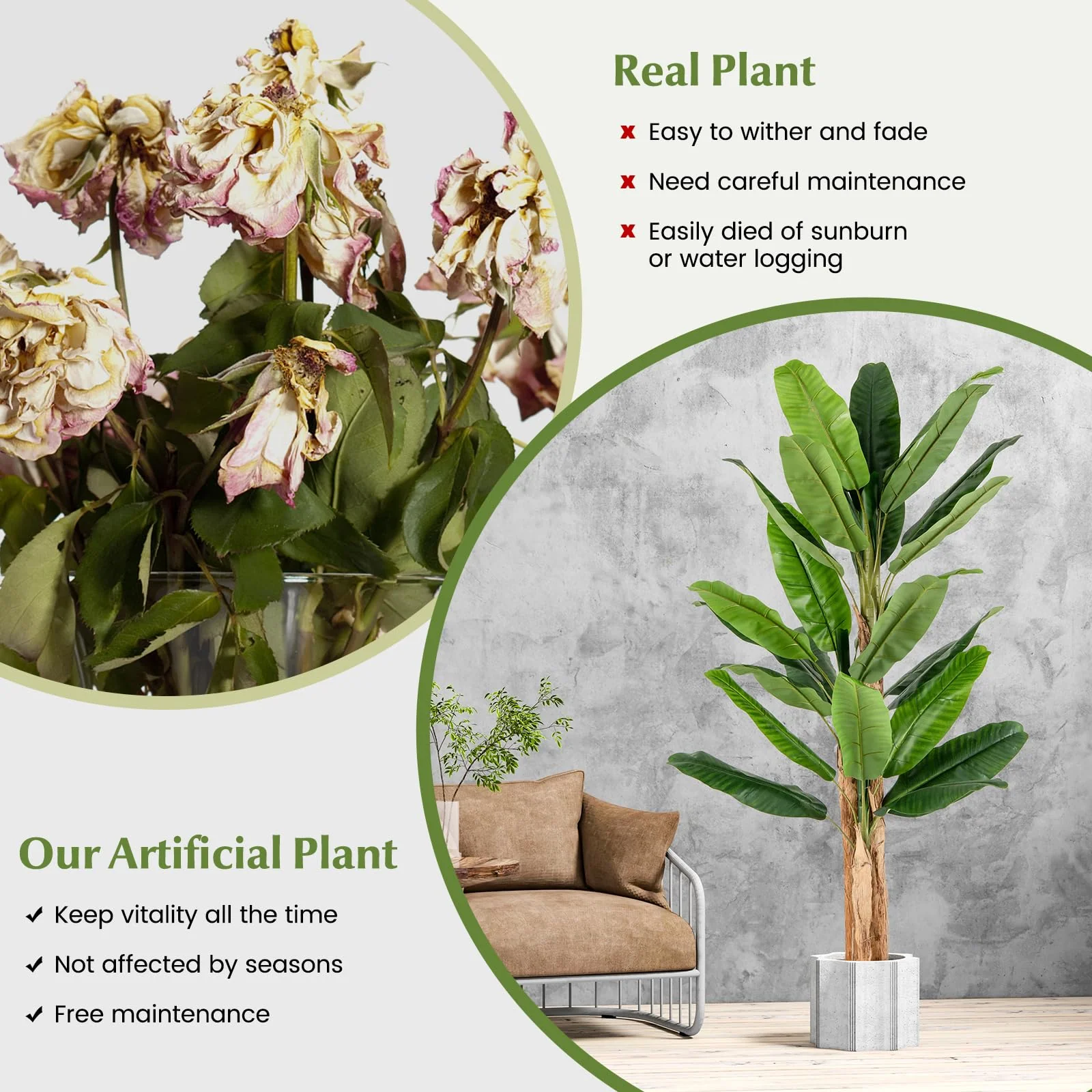 Goplus 6.5 FT Tall Artificial Banana Tree, Fake Banana Tree w/ 27 Large Leaves, Triple Stalks, Natural Bark - Image 5