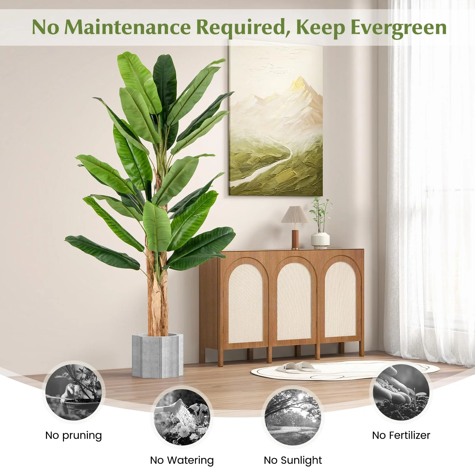 Goplus 6.5 FT Tall Artificial Banana Tree, Fake Banana Tree w/ 27 Large Leaves, Triple Stalks, Natural Bark - Image 6
