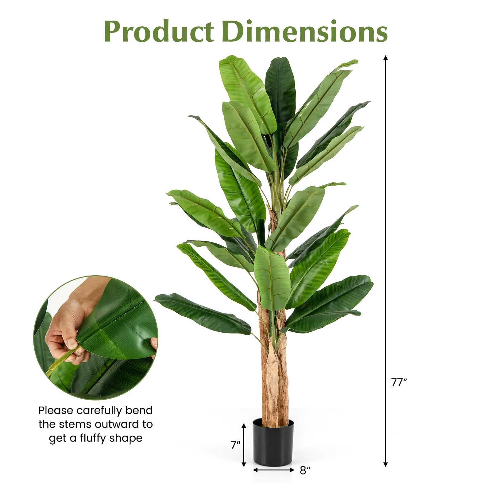 Goplus 6.5 FT Tall Artificial Banana Tree, Fake Banana Tree w/ 27 Large Leaves, Triple Stalks, Natural Bark - Image 7