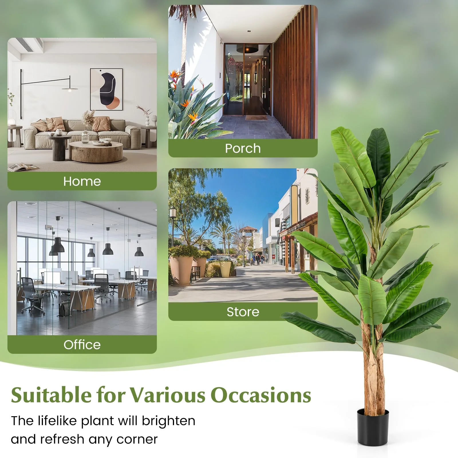 Goplus 6.5 FT Tall Artificial Banana Tree, Fake Banana Tree w/ 27 Large Leaves, Triple Stalks, Natural Bark - Image 8