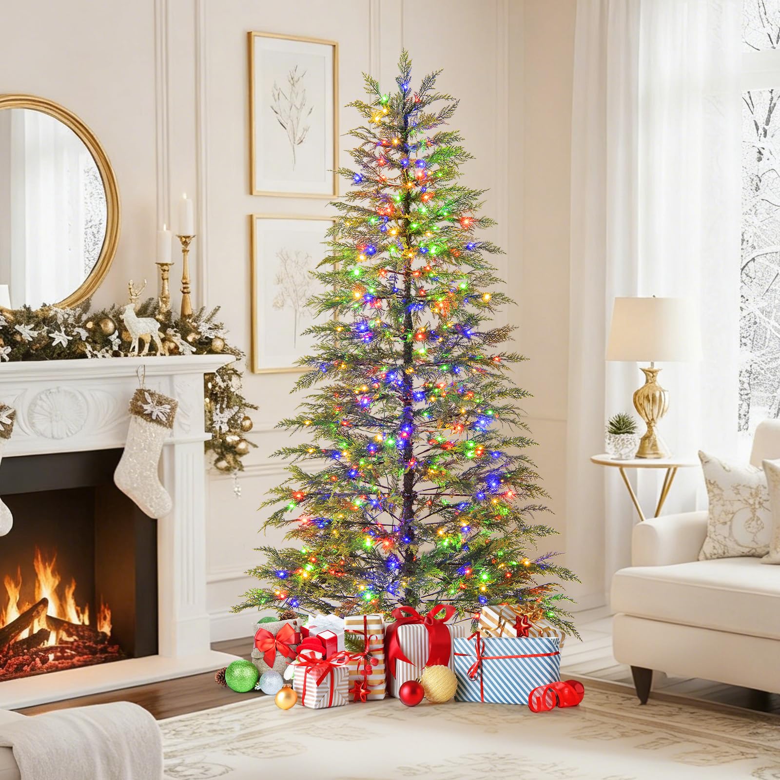 Goplus 6.5FT / 7.5FT Pre-Lit Hinged Sparse Xmas Fir Tree with Multicolored LED Lights - Image 6