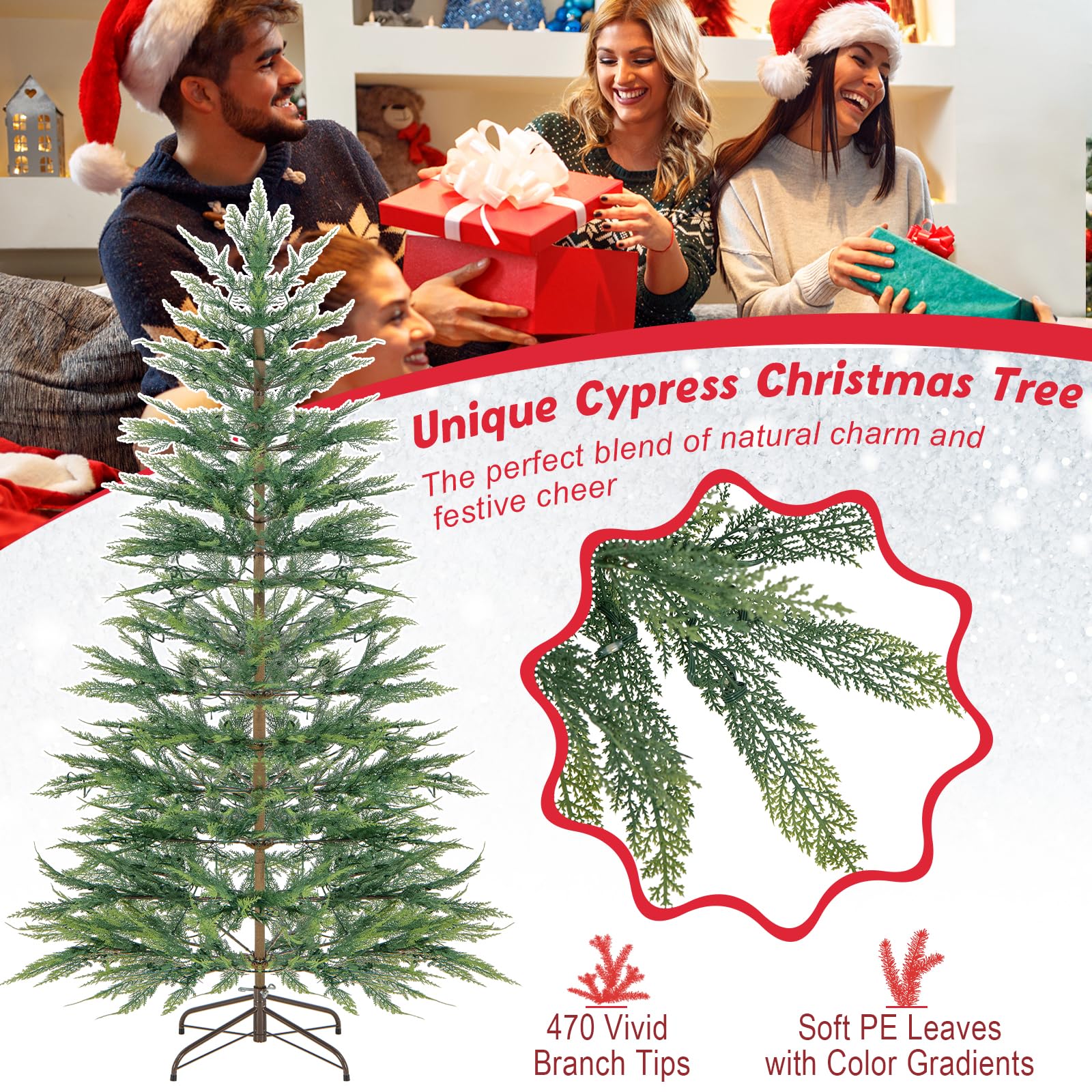 Goplus 6.5ft / 7.5ft Simulated Artificial Cypress Xmas Tree with Warm-White Fairy LED Lights - Image 3
