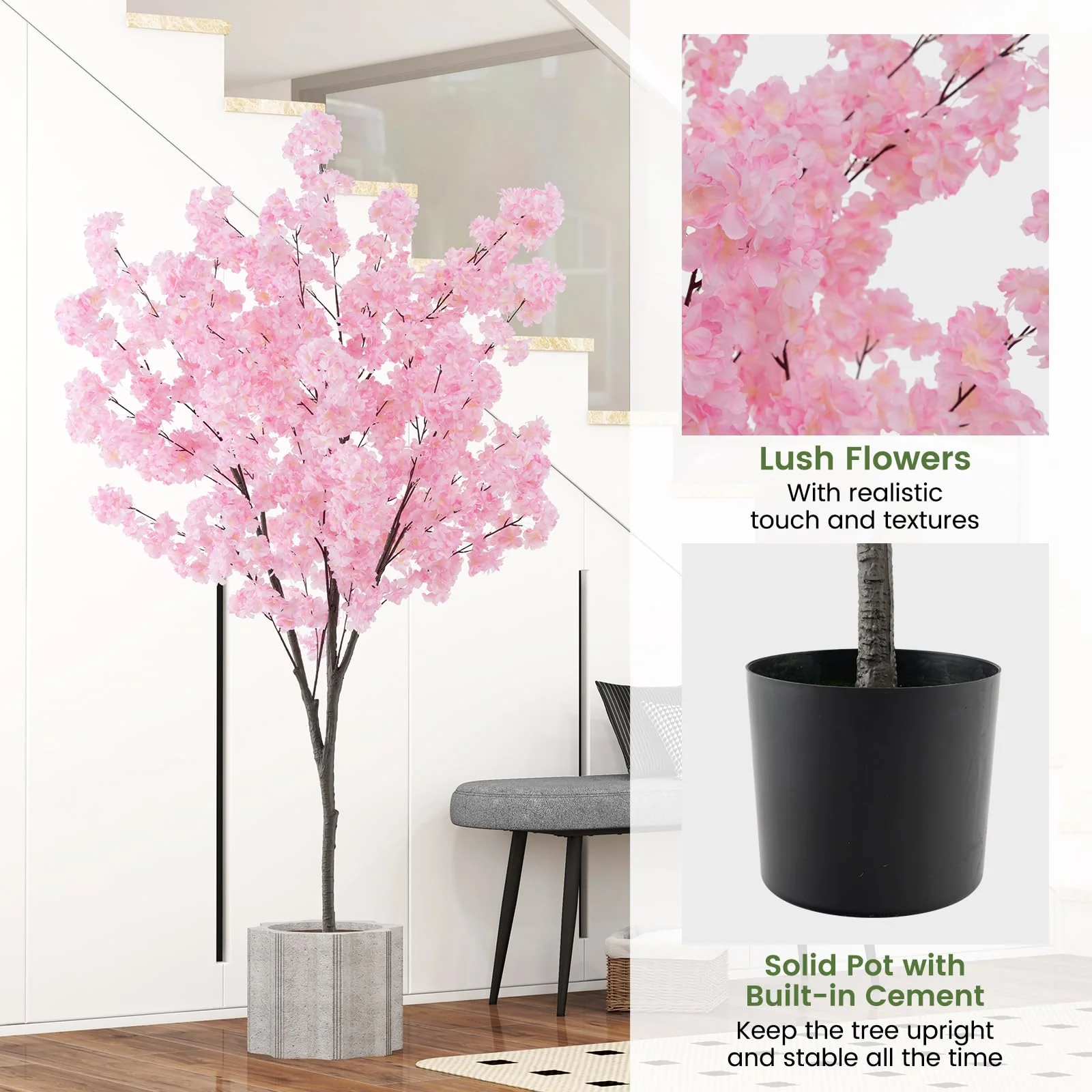 Goplus 6.5FT Artificial Cherry Blossom Tree, Pink Fake Flower Tree, Faux Floral Plant Blooming Tree in Cement Pot - Image 3