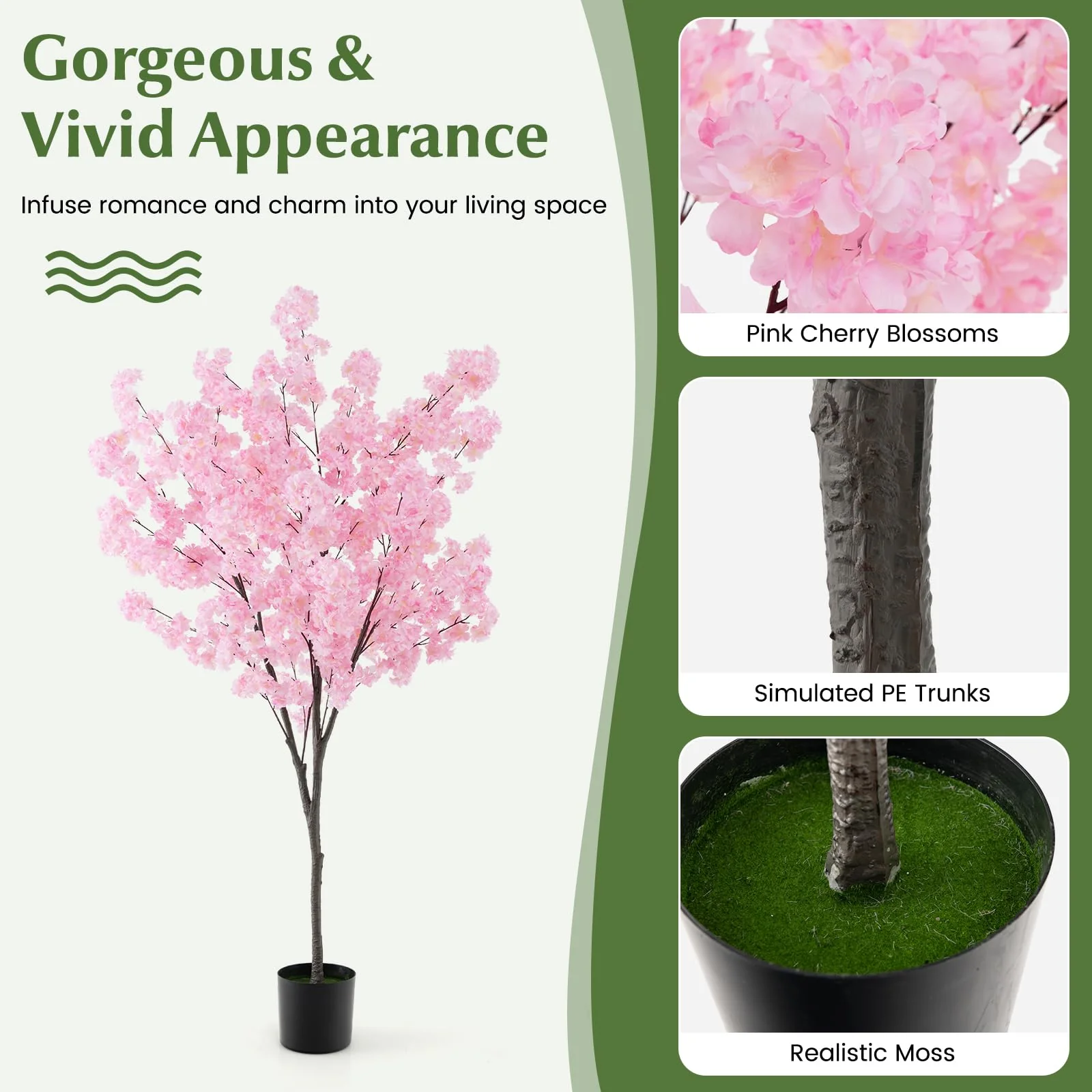Goplus 6.5FT Artificial Cherry Blossom Tree, Pink Fake Flower Tree, Faux Floral Plant Blooming Tree in Cement Pot - Image 5