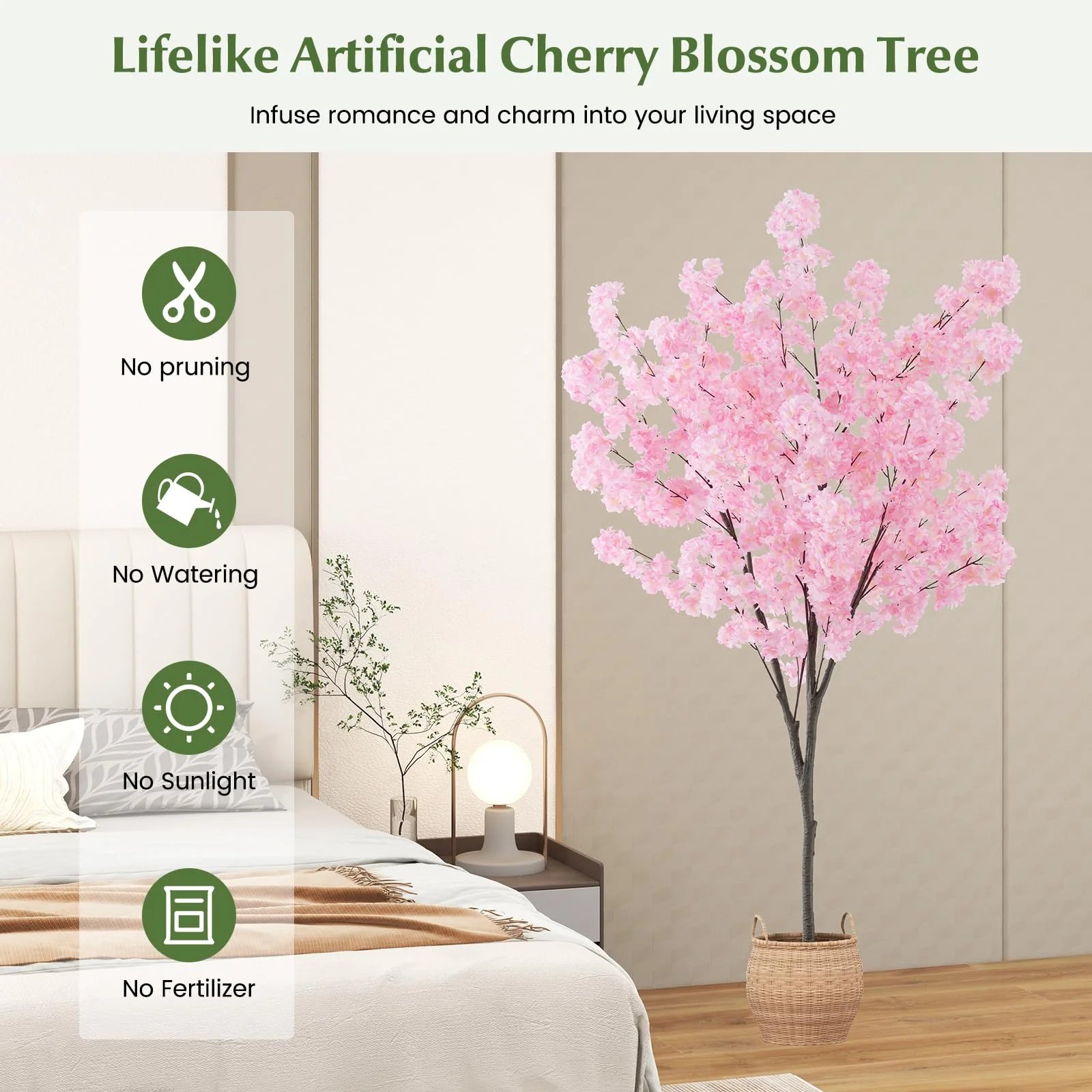 Goplus 6.5FT Artificial Cherry Blossom Tree, Pink Fake Flower Tree, Faux Floral Plant Blooming Tree in Cement Pot - Image 6