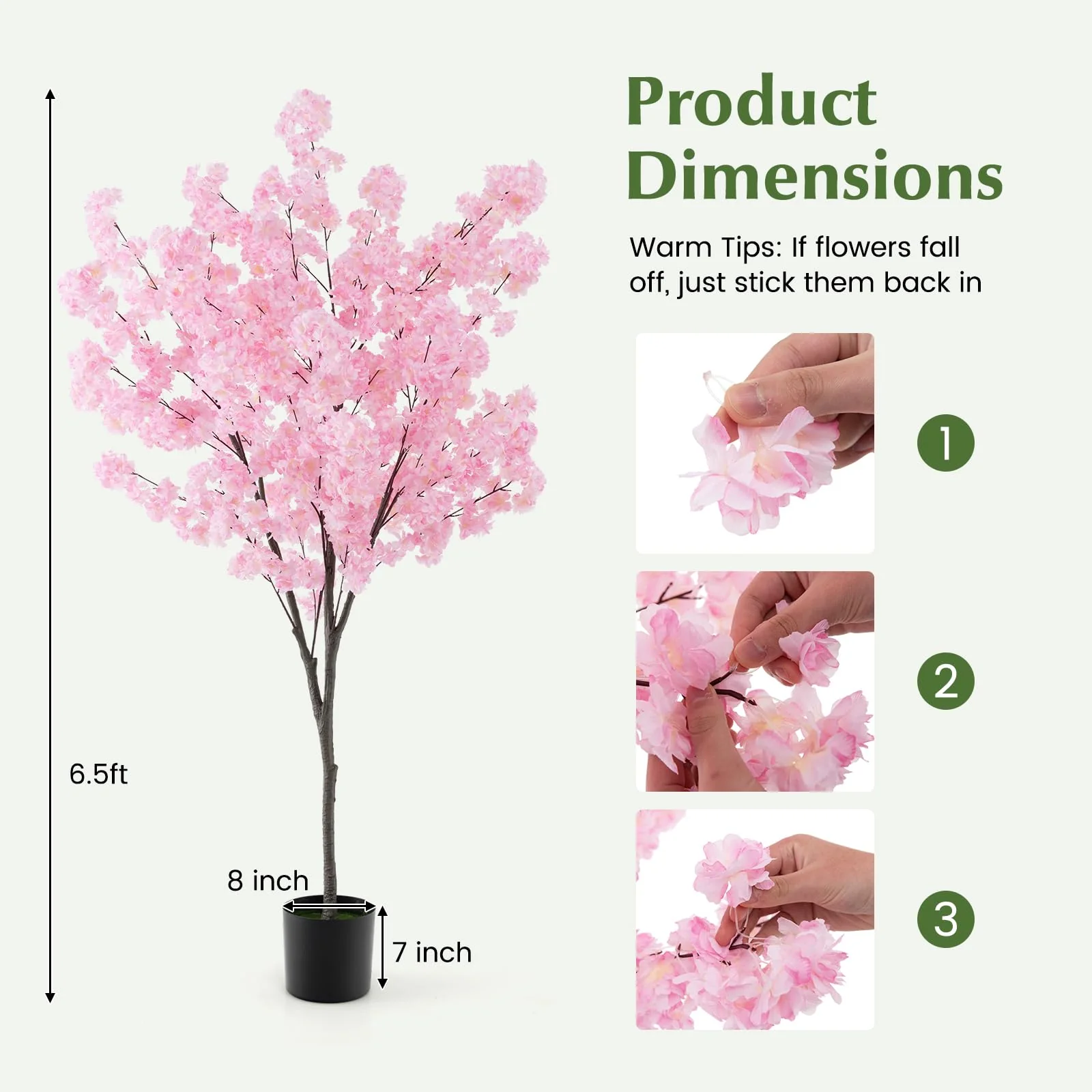 Goplus 6.5FT Artificial Cherry Blossom Tree, Pink Fake Flower Tree, Faux Floral Plant Blooming Tree in Cement Pot - Image 7