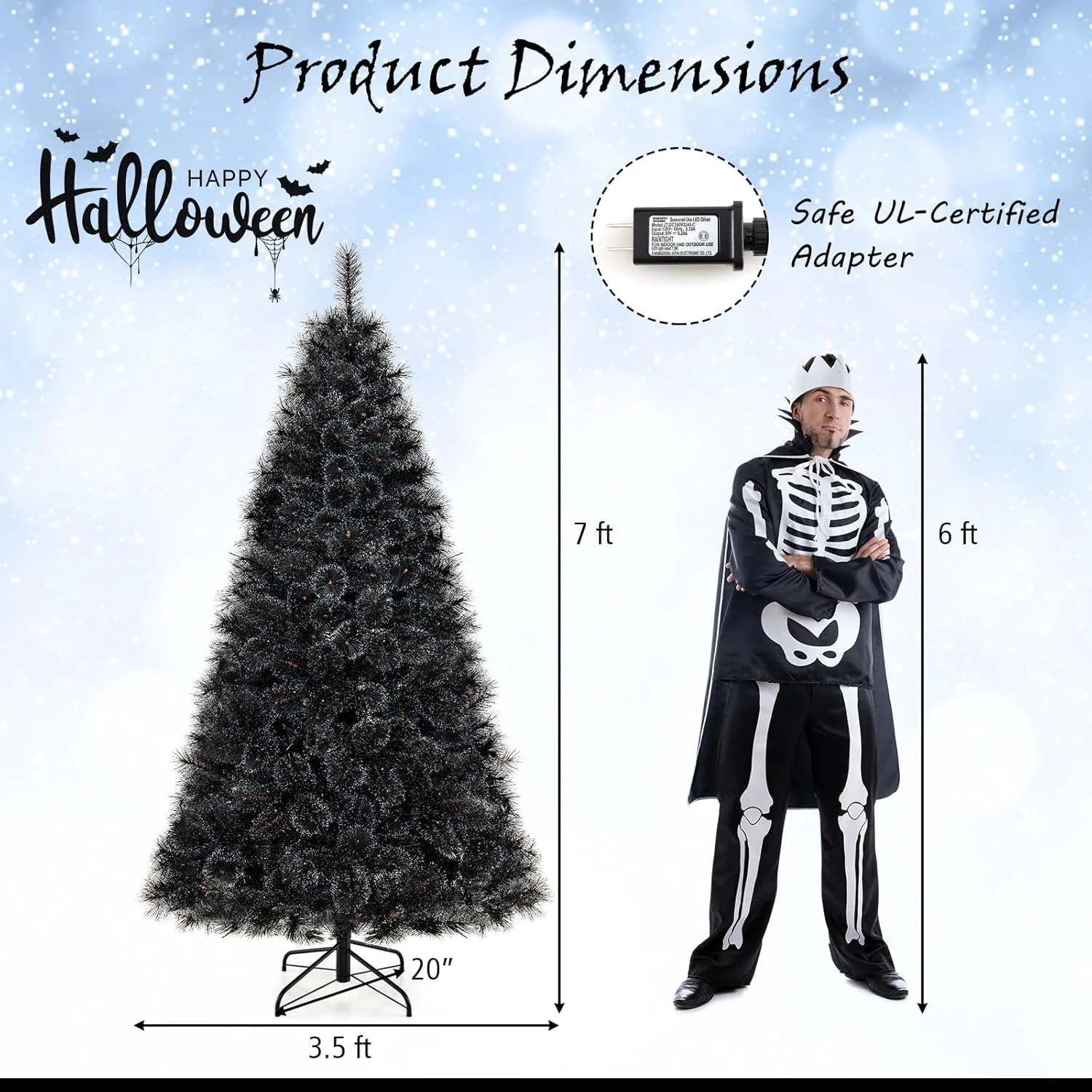 Goplus 6/7/8 ft Pre-Lit Black Halloween Christmas Tree, Artificial Hinged Xmas Full Tree with 362/572/860 Pine Needles & PVC Branch Tips - Image 11