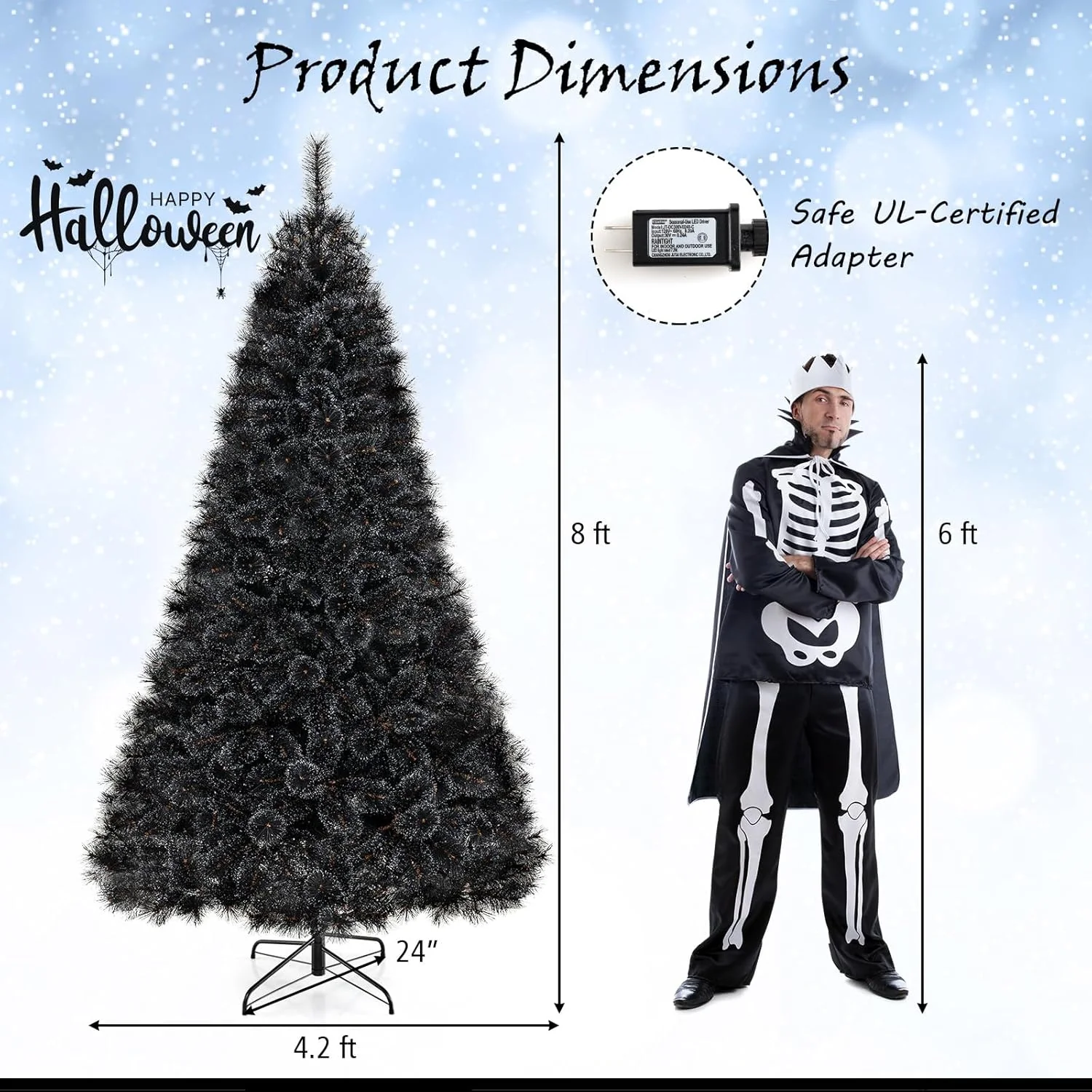Goplus 6/7/8 ft Pre-Lit Black Halloween Christmas Tree, Artificial Hinged Xmas Full Tree with 362/572/860 Pine Needles & PVC Branch Tips - Image 12