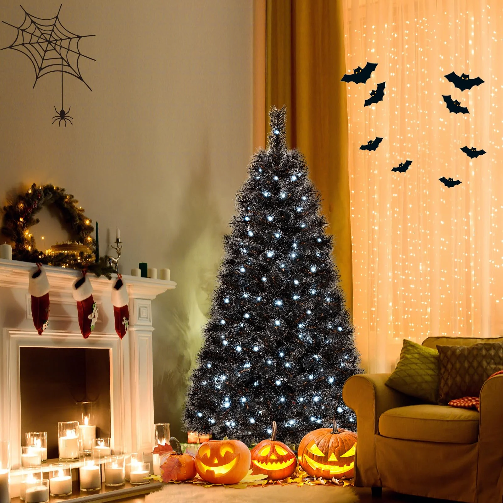 Goplus 6/7/8 ft Pre-Lit Black Halloween Christmas Tree, Artificial Hinged Xmas Full Tree with 362/572/860 Pine Needles & PVC Branch Tips - Image 2