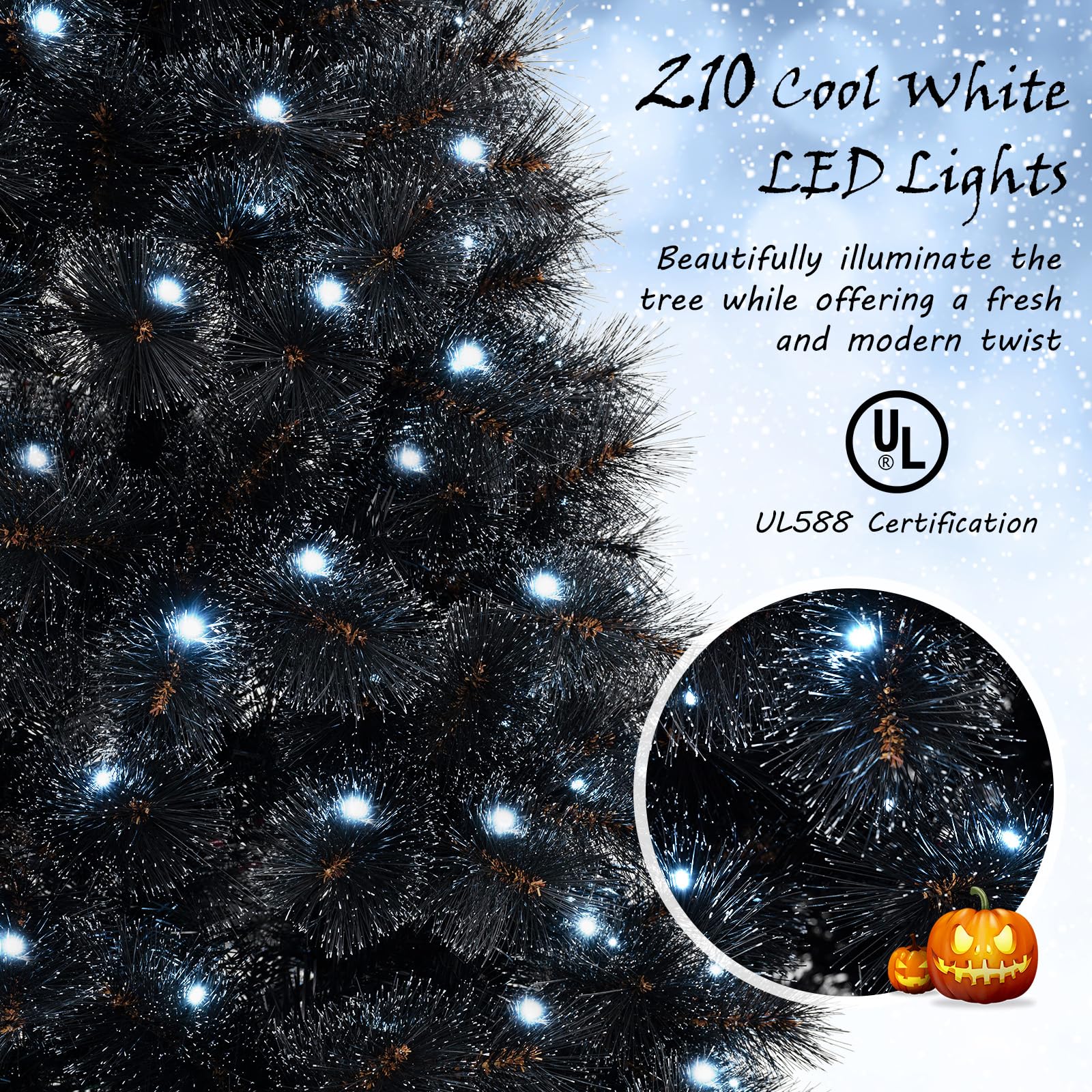 Goplus 6/7/8 ft Pre-Lit Black Halloween Christmas Tree, Artificial Hinged Xmas Full Tree with 362/572/860 Pine Needles & PVC Branch Tips - Image 3