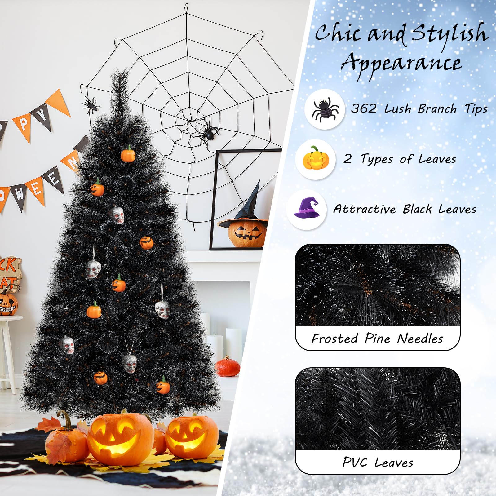 Goplus 6/7/8 ft Pre-Lit Black Halloween Christmas Tree, Artificial Hinged Xmas Full Tree with 362/572/860 Pine Needles & PVC Branch Tips - Image 4