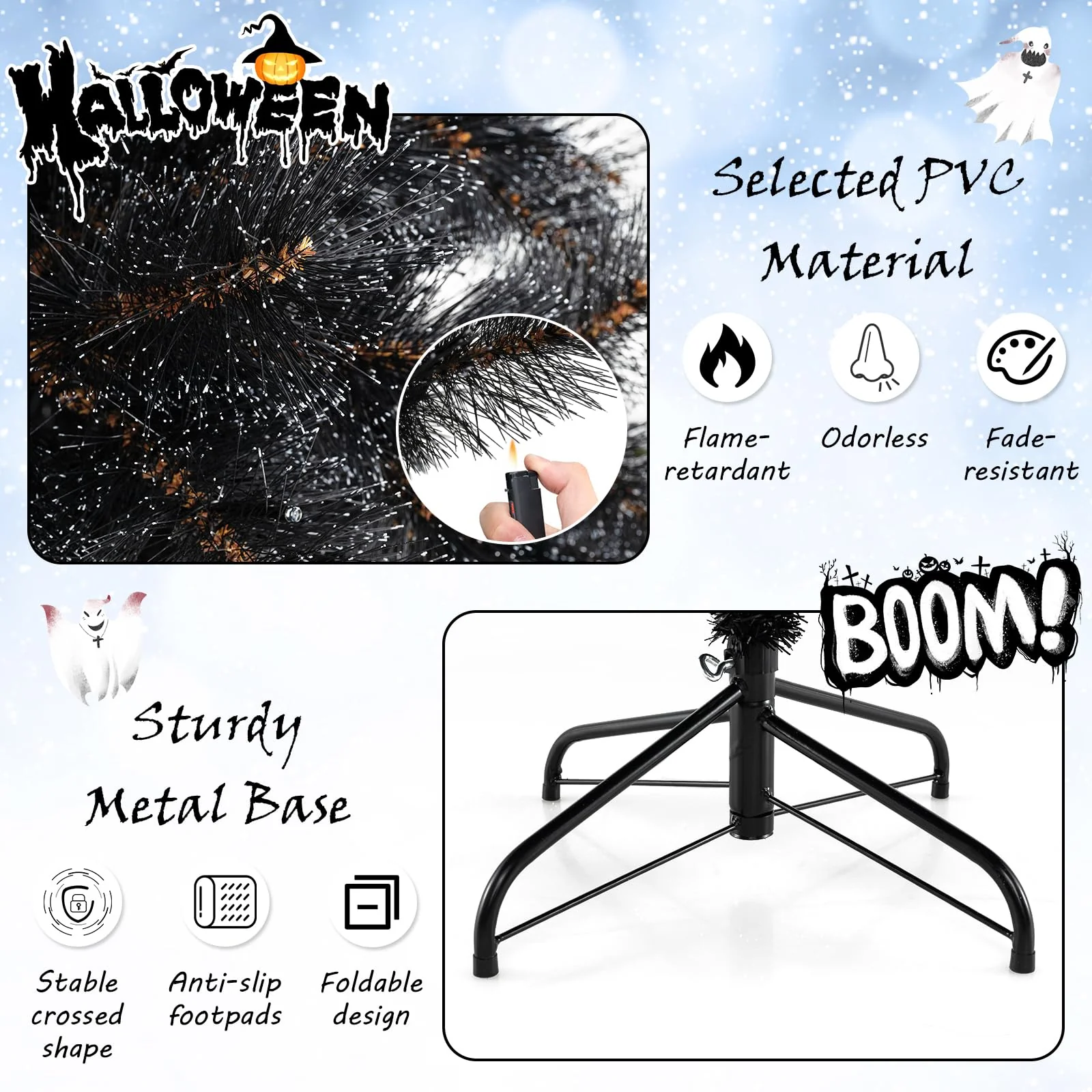 Goplus 6/7/8 ft Pre-Lit Black Halloween Christmas Tree, Artificial Hinged Xmas Full Tree with 362/572/860 Pine Needles & PVC Branch Tips - Image 5