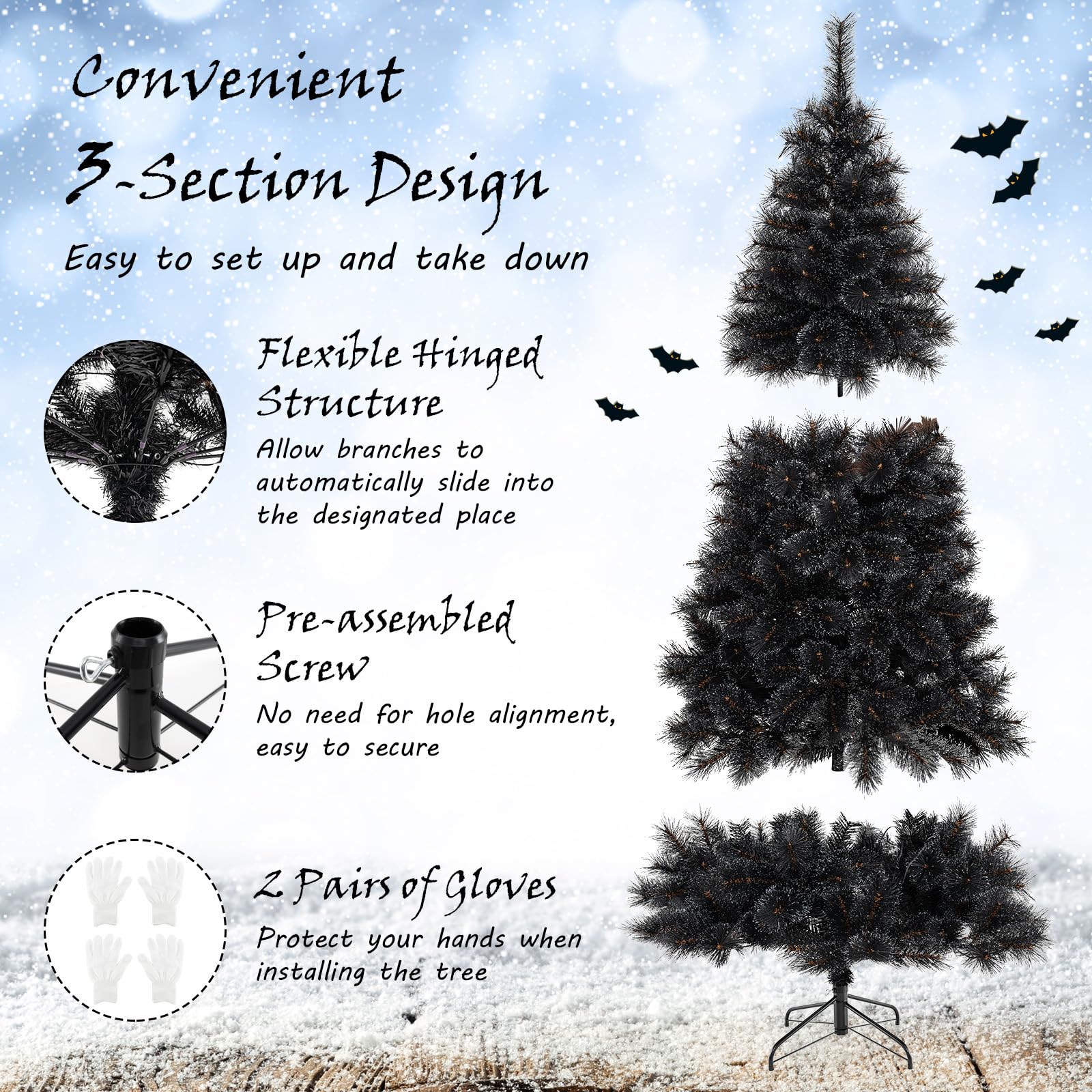Goplus 6/7/8 ft Pre-Lit Black Halloween Christmas Tree, Artificial Hinged Xmas Full Tree with 362/572/860 Pine Needles & PVC Branch Tips - Image 6