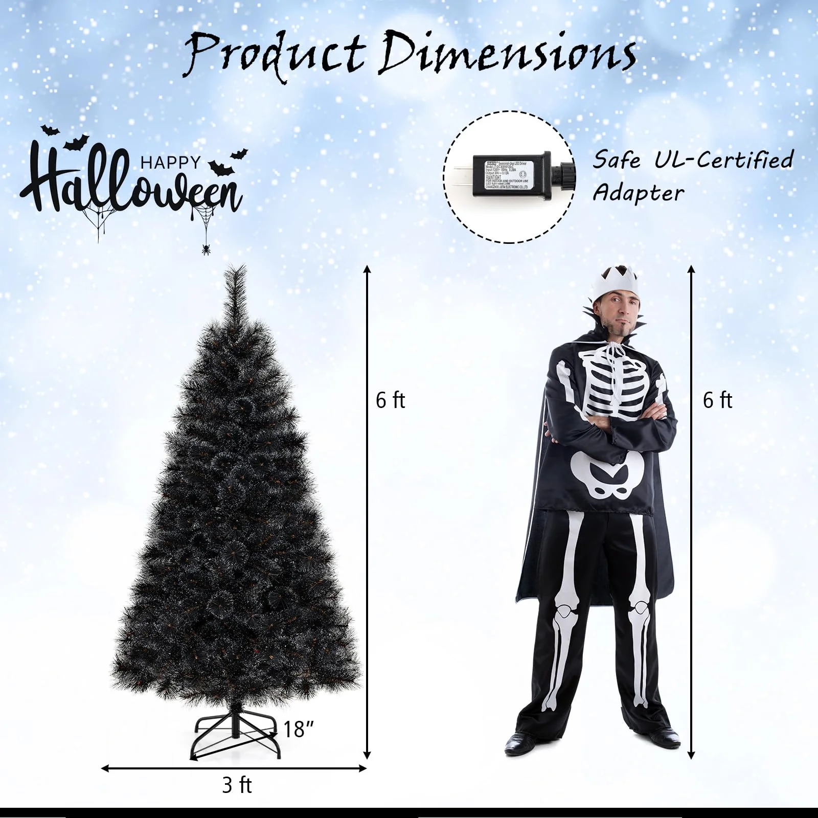 Goplus 6/7/8 ft Pre-Lit Black Halloween Christmas Tree, Artificial Hinged Xmas Full Tree with 362/572/860 Pine Needles & PVC Branch Tips - Image 7