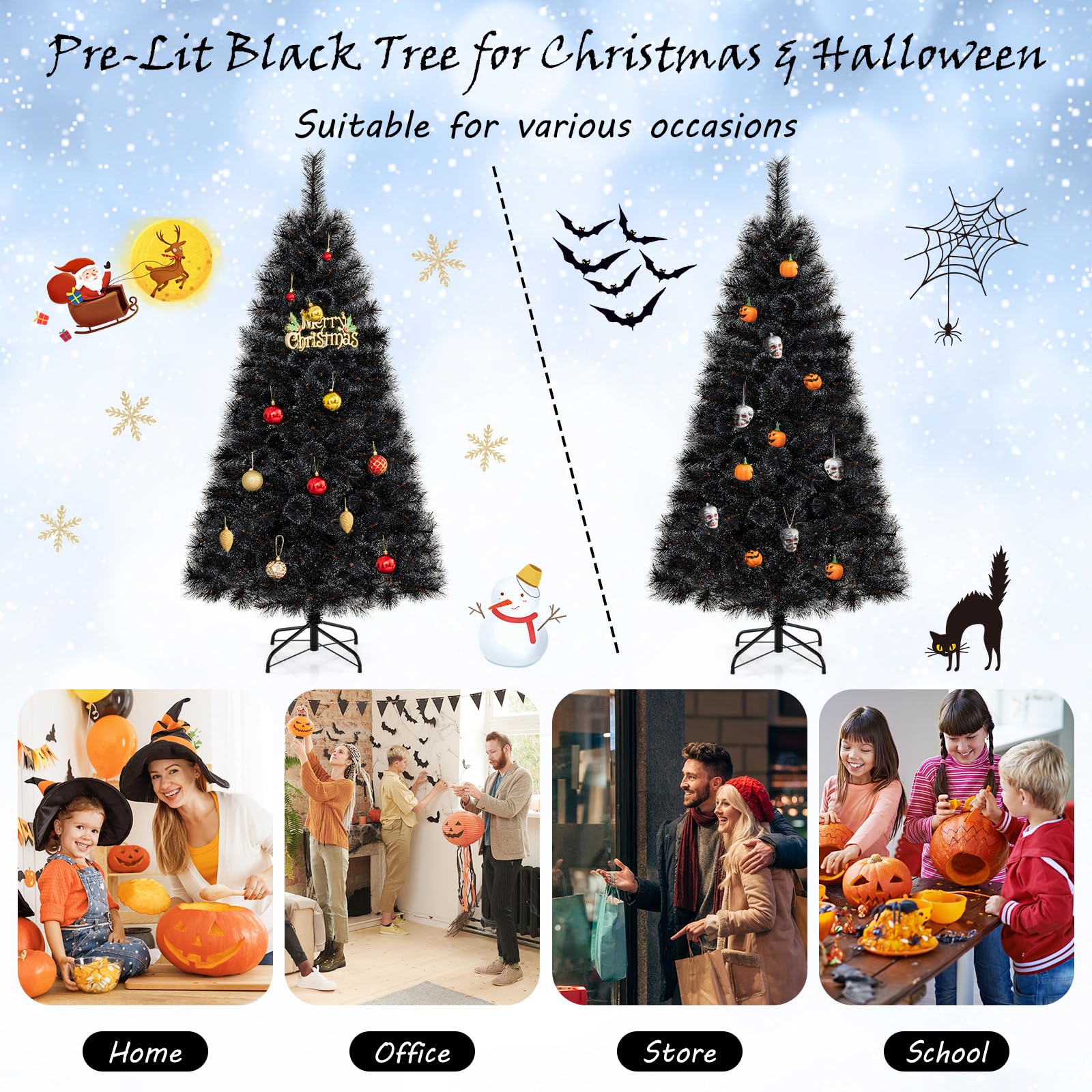 Goplus 6/7/8 ft Pre-Lit Black Halloween Christmas Tree, Artificial Hinged Xmas Full Tree with 362/572/860 Pine Needles & PVC Branch Tips - Image 8