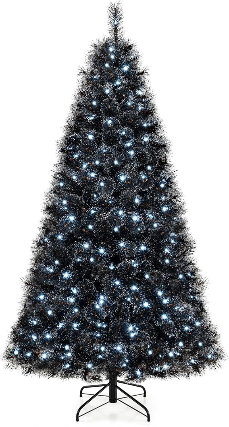 Goplus 6/7/8 ft Pre-Lit Black Halloween Christmas Tree, Artificial Hinged Xmas Full Tree with 362/572/860 Pine Needles & PVC Branch Tips - Image 9