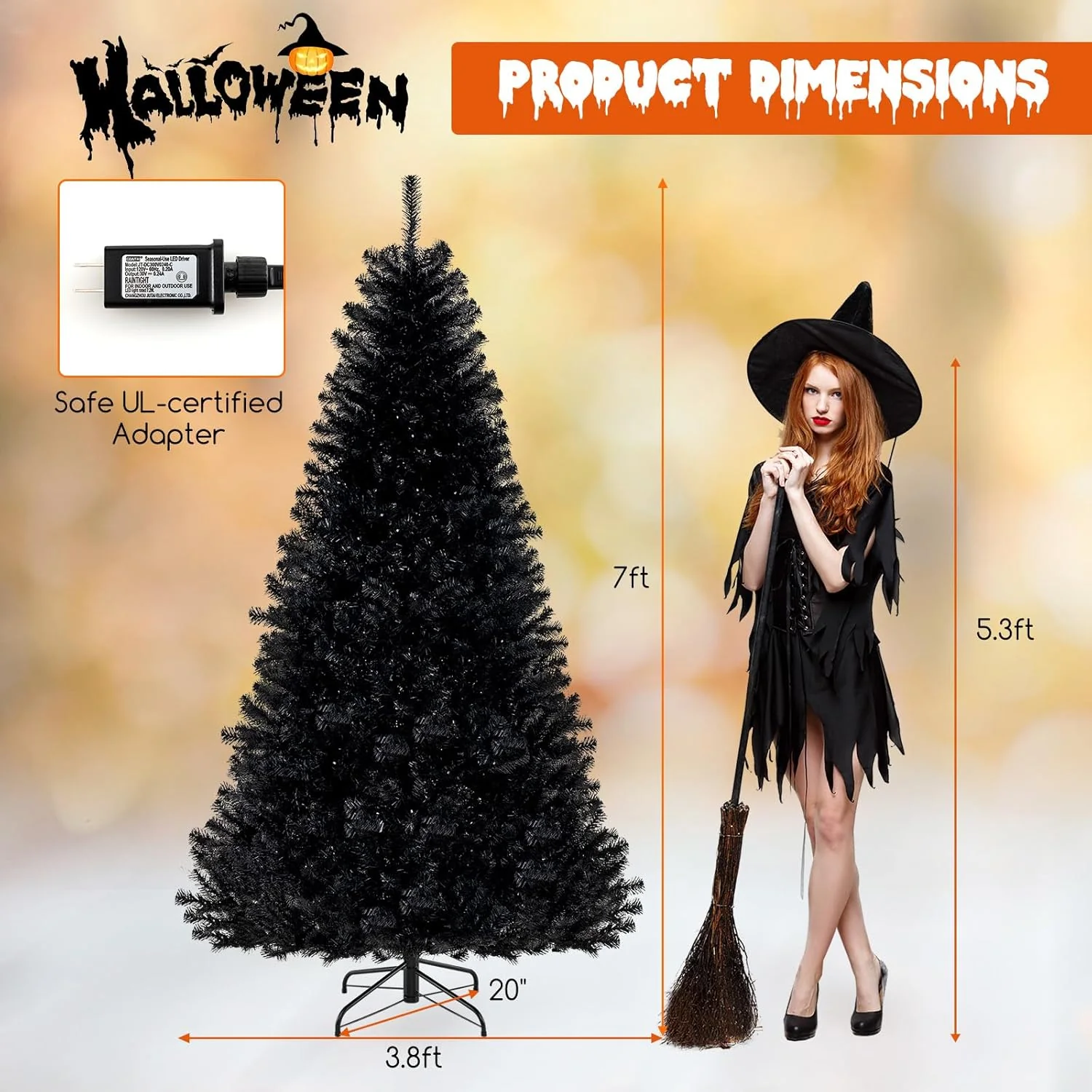 Goplus 6/7/8 FT Pre-Lit Black Halloween Tree, Artificial Hinged Christmas Tree with 280/380/500 Orange & Purple LED Lights - Image 10