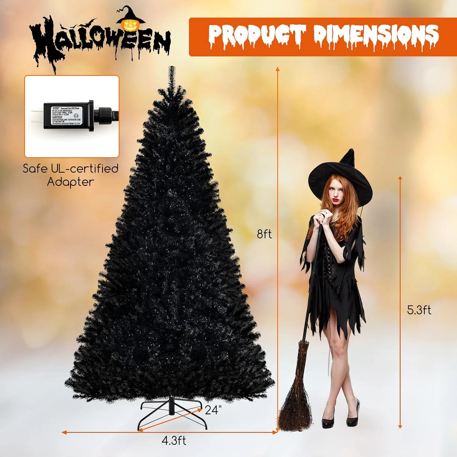 Goplus 6/7/8 FT Pre-Lit Black Halloween Tree, Artificial Hinged Christmas Tree with 280/380/500 Orange & Purple LED Lights - Image 11