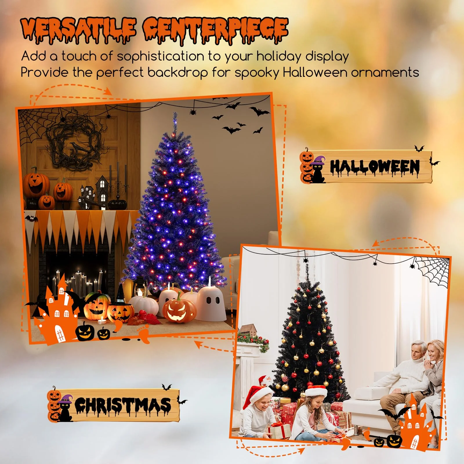 Goplus 6/7/8 FT Pre-Lit Black Halloween Tree, Artificial Hinged Christmas Tree with 280/380/500 Orange & Purple LED Lights - Image 2