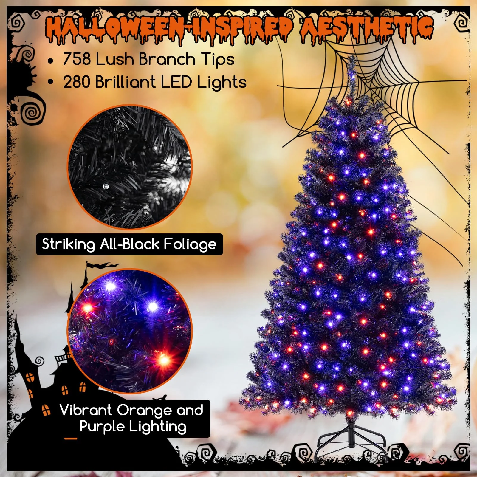 Goplus 6/7/8 FT Pre-Lit Black Halloween Tree, Artificial Hinged Christmas Tree with 280/380/500 Orange & Purple LED Lights - Image 3