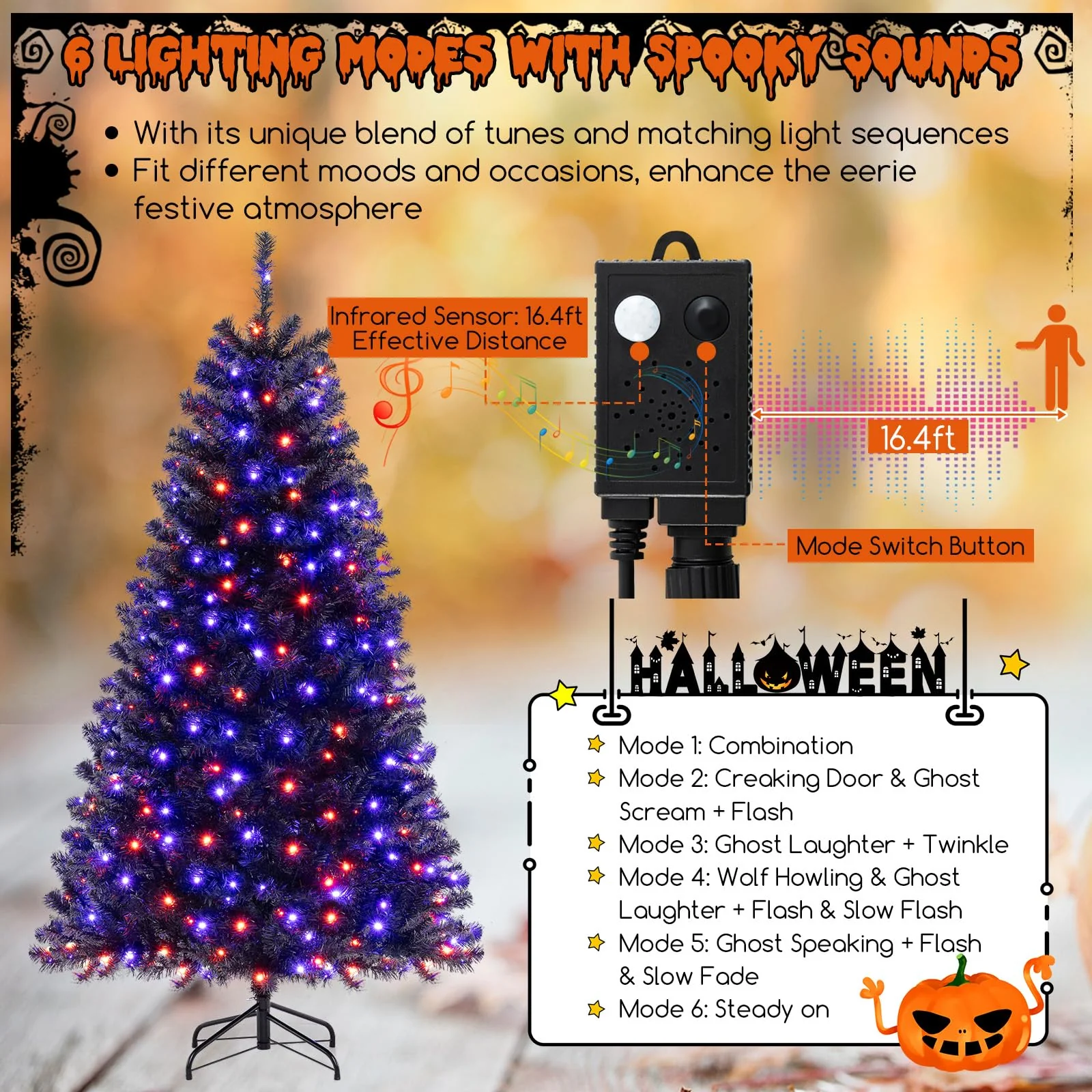 Goplus 6/7/8 FT Pre-Lit Black Halloween Tree, Artificial Hinged Christmas Tree with 280/380/500 Orange & Purple LED Lights - Image 4