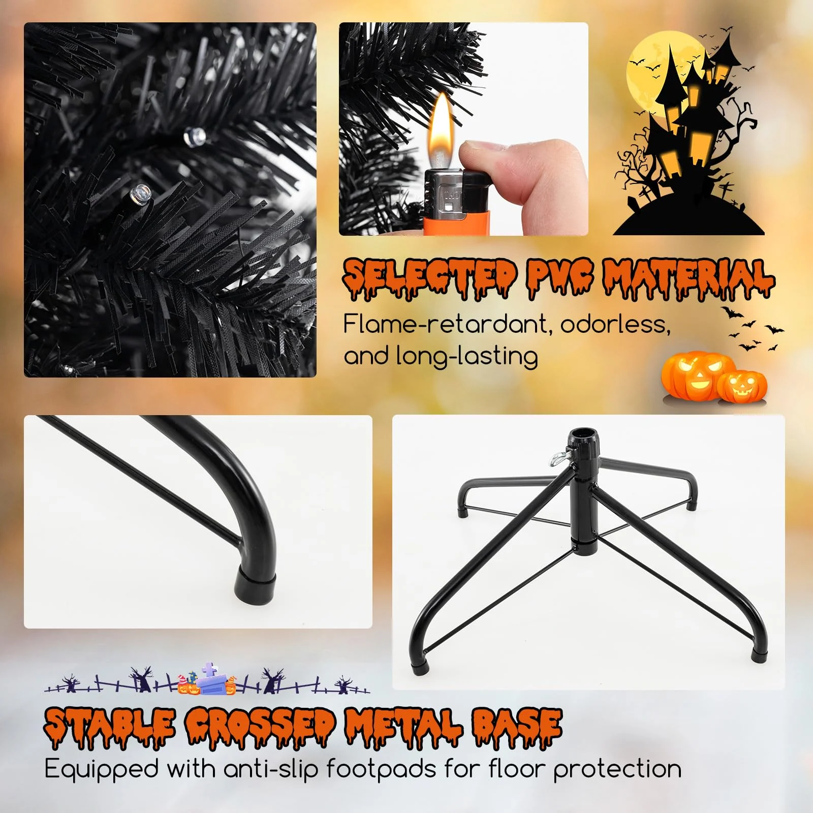 Goplus 6/7/8 FT Pre-Lit Black Halloween Tree, Artificial Hinged Christmas Tree with 280/380/500 Orange & Purple LED Lights - Image 5