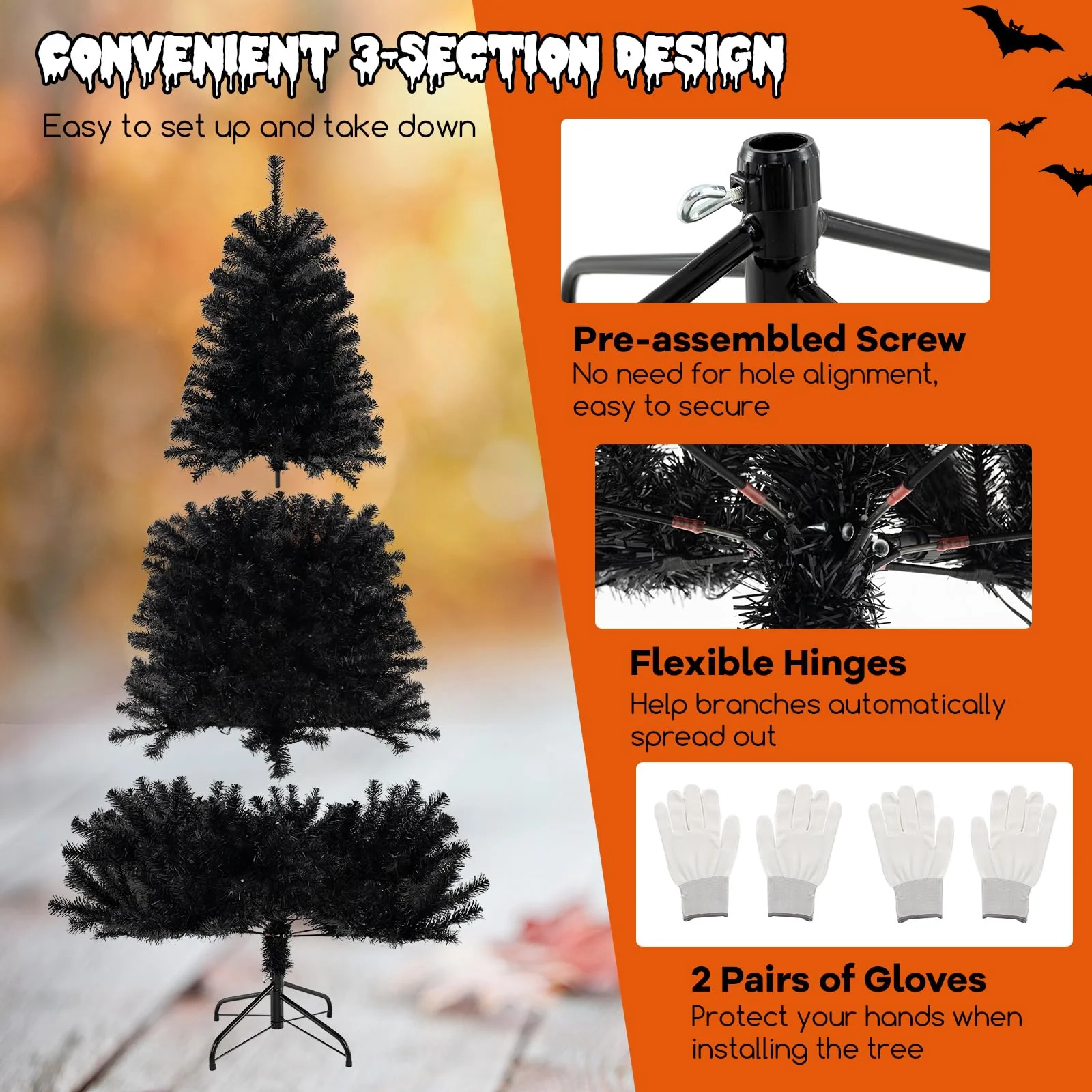 Goplus 6/7/8 FT Pre-Lit Black Halloween Tree, Artificial Hinged Christmas Tree with 280/380/500 Orange & Purple LED Lights - Image 6