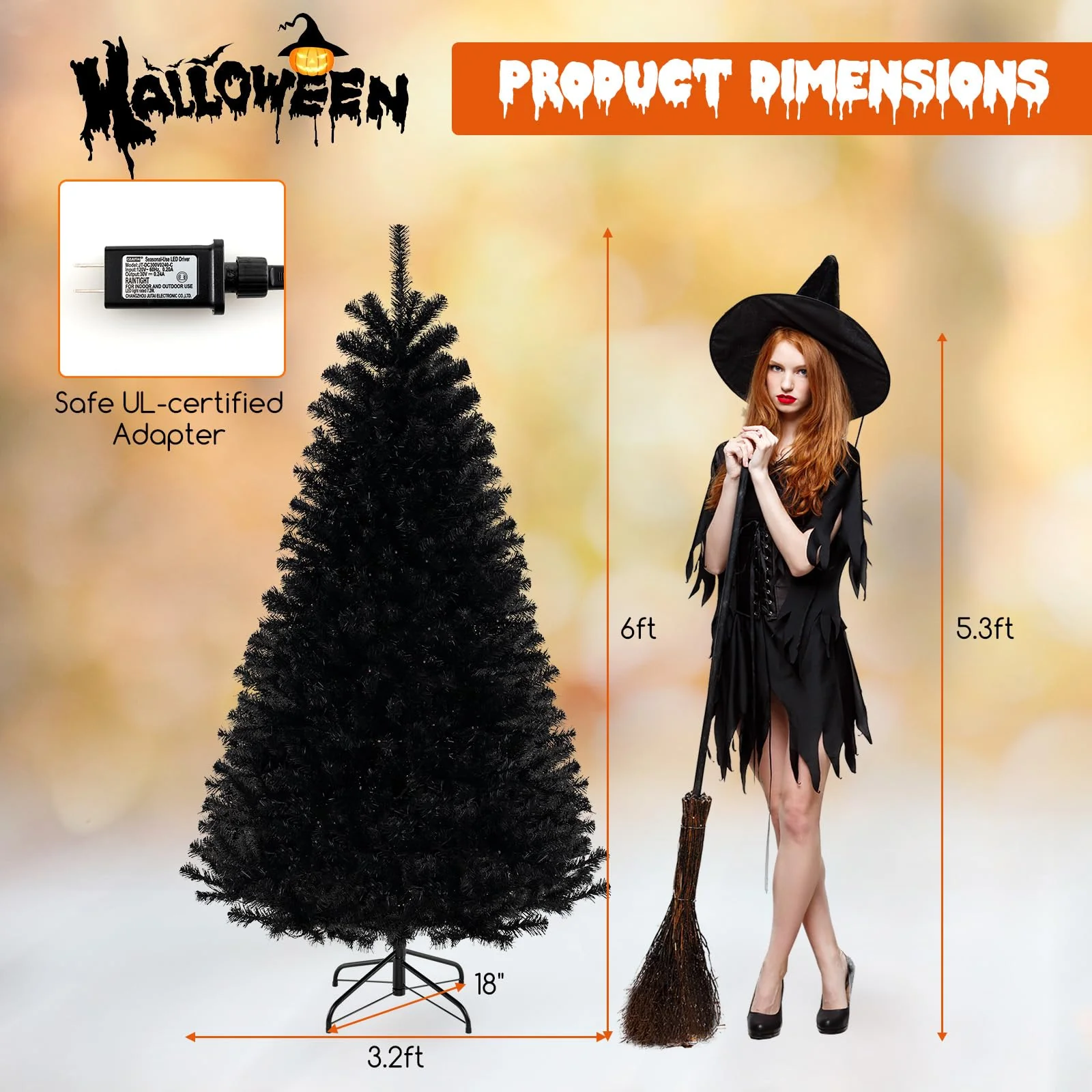 Goplus 6/7/8 FT Pre-Lit Black Halloween Tree, Artificial Hinged Christmas Tree with 280/380/500 Orange & Purple LED Lights - Image 7