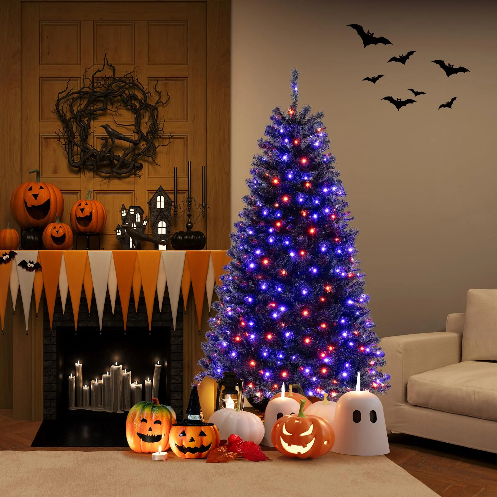 Goplus 6/7/8 FT Pre-Lit Black Halloween Tree, Artificial Hinged Christmas Tree with 280/380/500 Orange & Purple LED Lights - Image 8