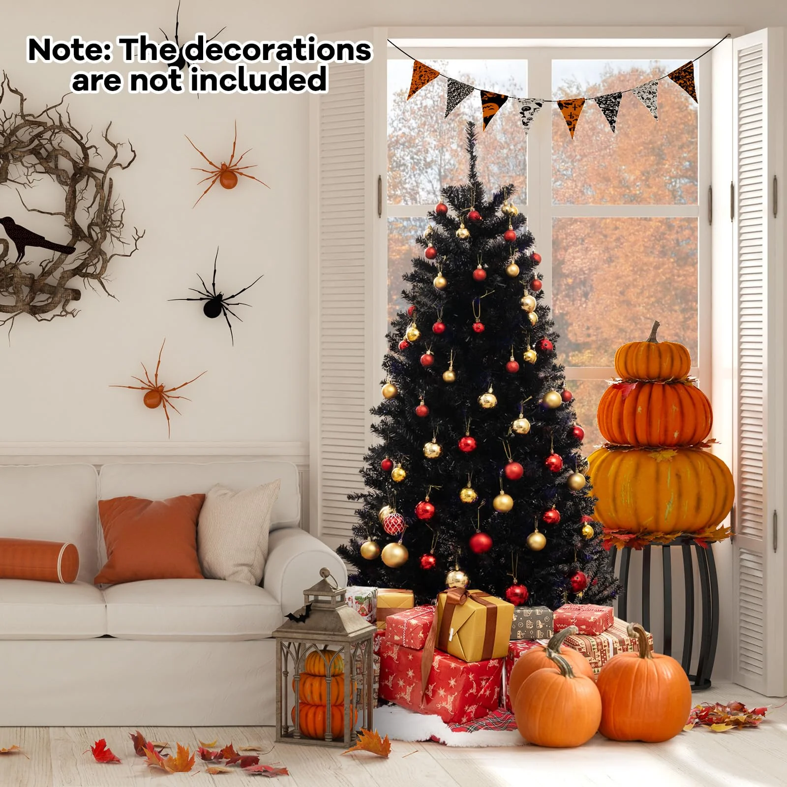 Goplus 6/7/8 FT Pre-Lit Black Halloween Tree, Artificial Hinged Christmas Tree with 280/380/500 Orange & Purple LED Lights - Image 9