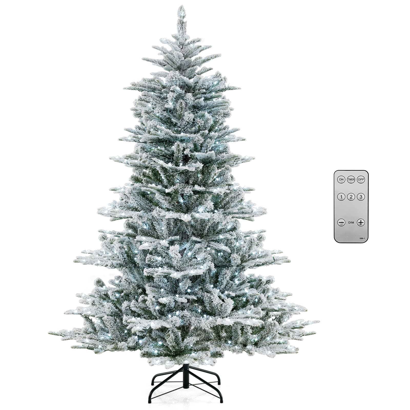 Goplus 6/7/8 ft Pre-Lit Snow Flocked Christmas Tree, Artificial Hinged Xmas Tree with 661/1119/1447 PVC & PE Tips