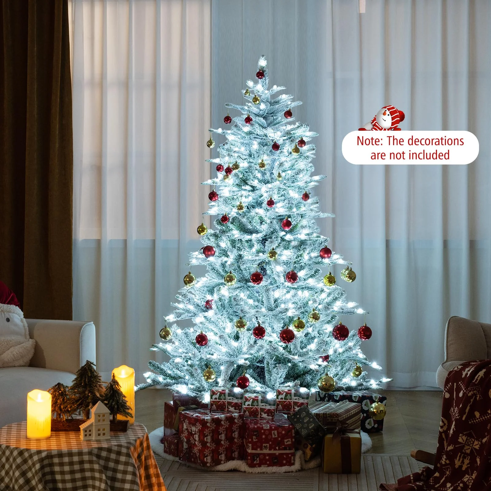 Goplus 6/7/8 ft Pre-Lit Snow Flocked Christmas Tree, Artificial Hinged Xmas Tree with 661/1119/1447 PVC & PE Tips - Image 10