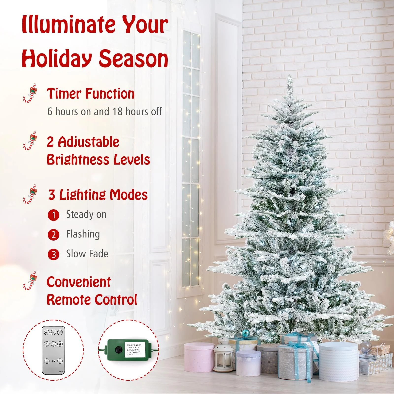 Goplus 6/7/8 ft Pre-Lit Snow Flocked Christmas Tree, Artificial Hinged Xmas Tree with 661/1119/1447 PVC & PE Tips - Image 2