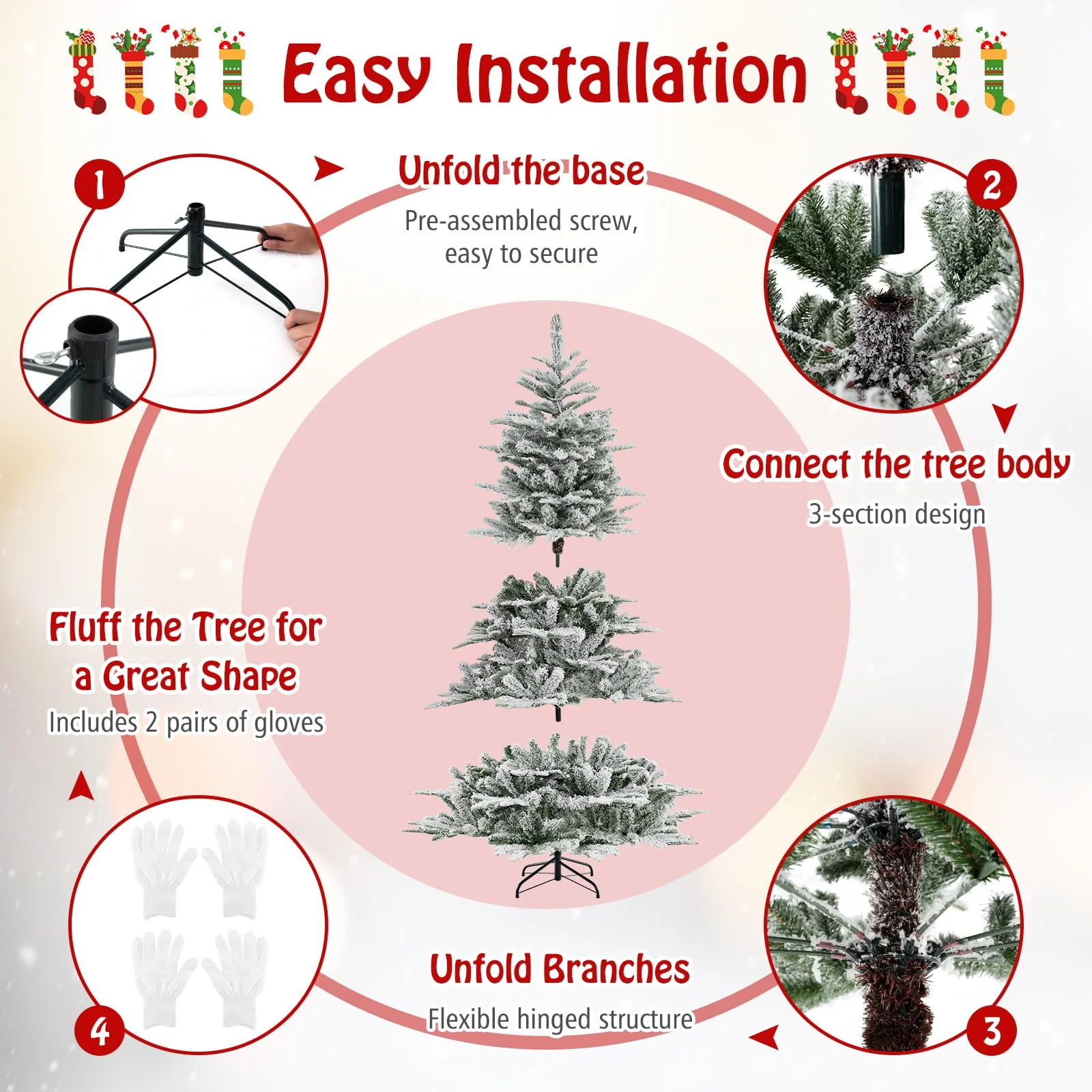 Goplus 6/7/8 ft Pre-Lit Snow Flocked Christmas Tree, Artificial Hinged Xmas Tree with 661/1119/1447 PVC & PE Tips - Image 4