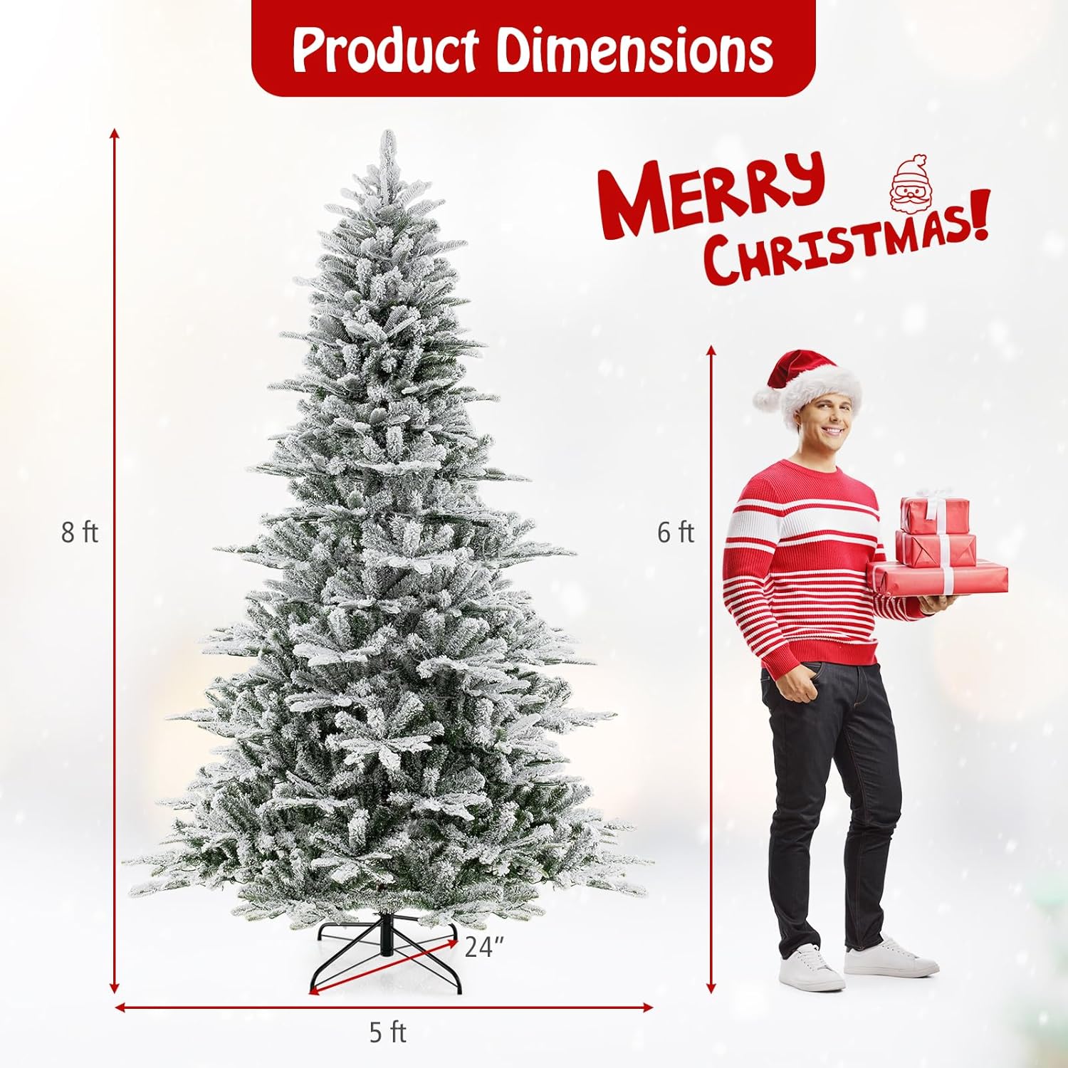 Goplus 6/7/8 ft Pre-Lit Snow Flocked Christmas Tree, Artificial Hinged Xmas Tree with 661/1119/1447 PVC & PE Tips - Image 9