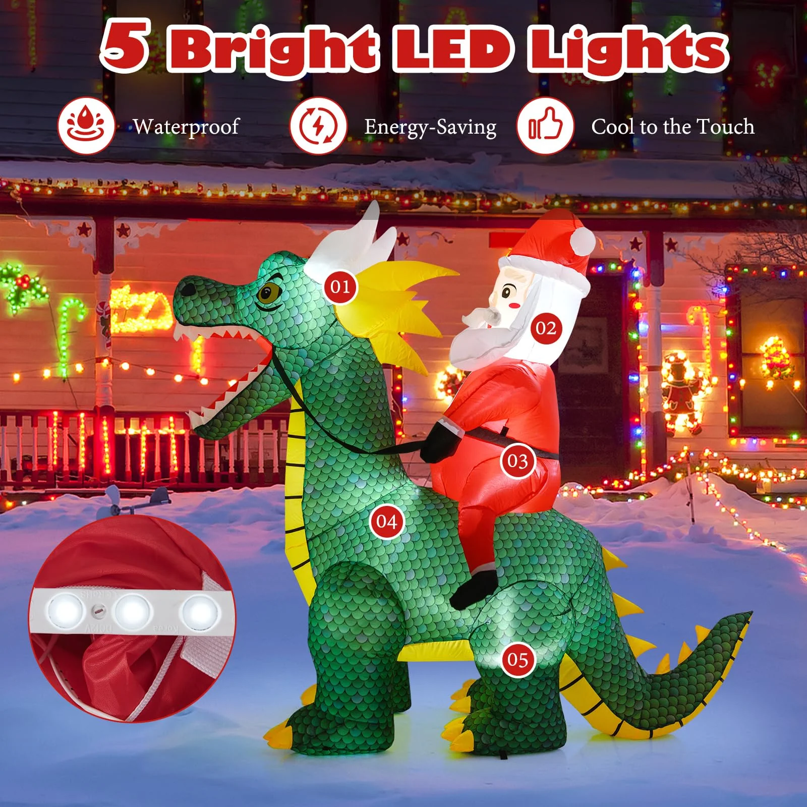 Goplus 6.7 FT Inflatable Christmas Santa Claus Riding Dinosaur Decoration with Lights Stakes - Image 2