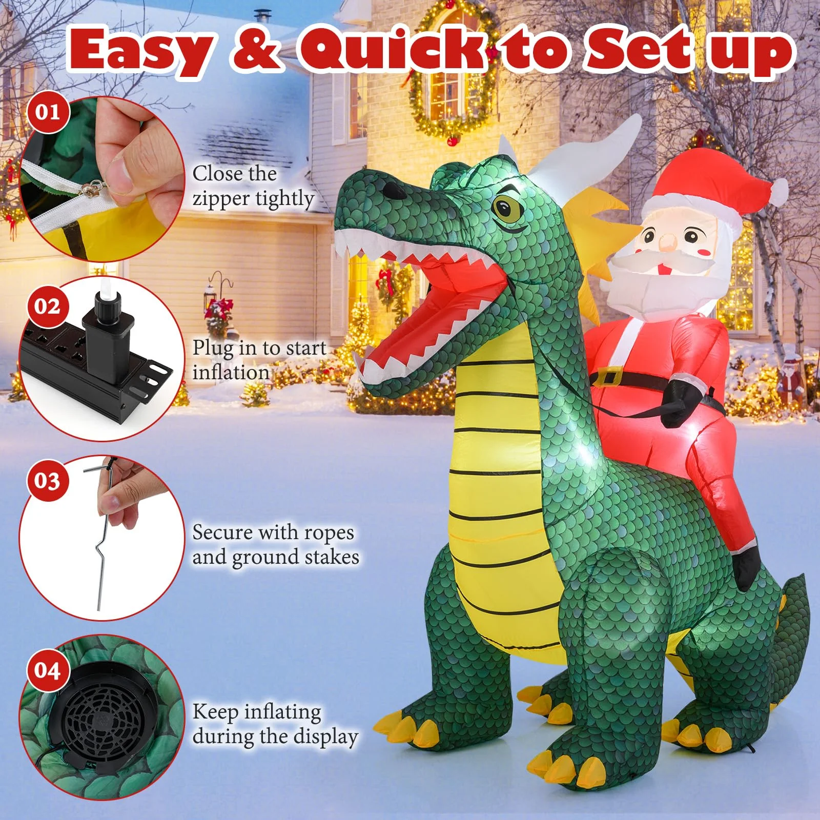 Goplus 6.7 FT Inflatable Christmas Santa Claus Riding Dinosaur Decoration with Lights Stakes - Image 3