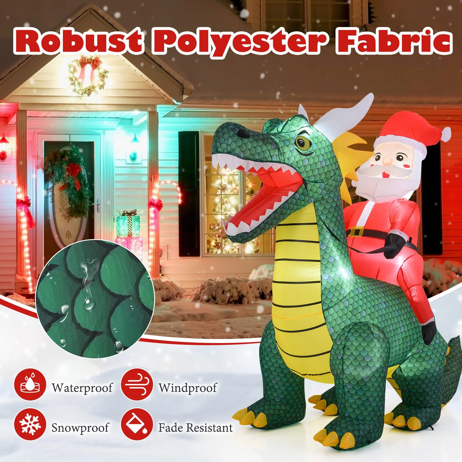 Goplus 6.7 FT Inflatable Christmas Santa Claus Riding Dinosaur Decoration with Lights Stakes - Image 4