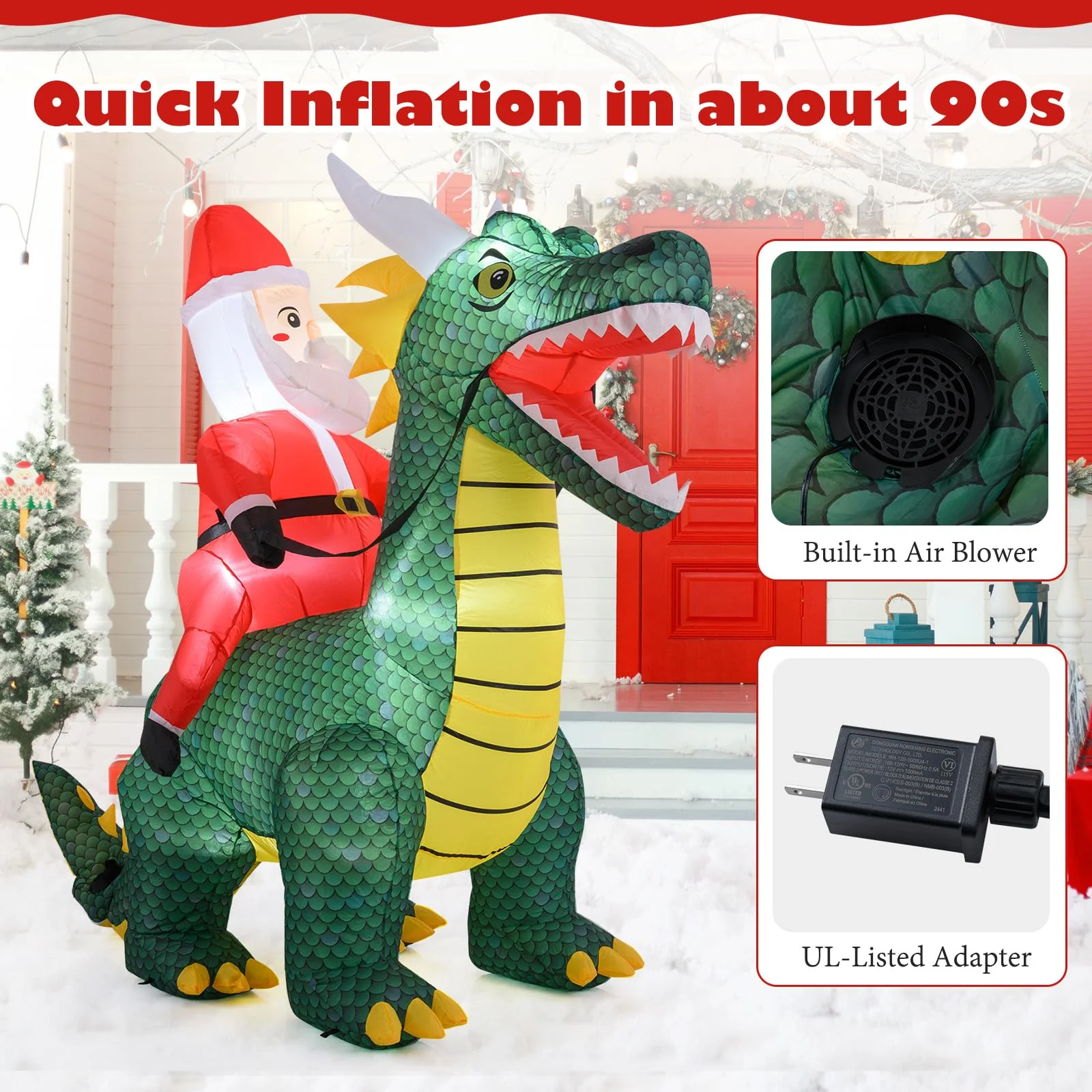 Goplus 6.7 FT Inflatable Christmas Santa Claus Riding Dinosaur Decoration with Lights Stakes - Image 5