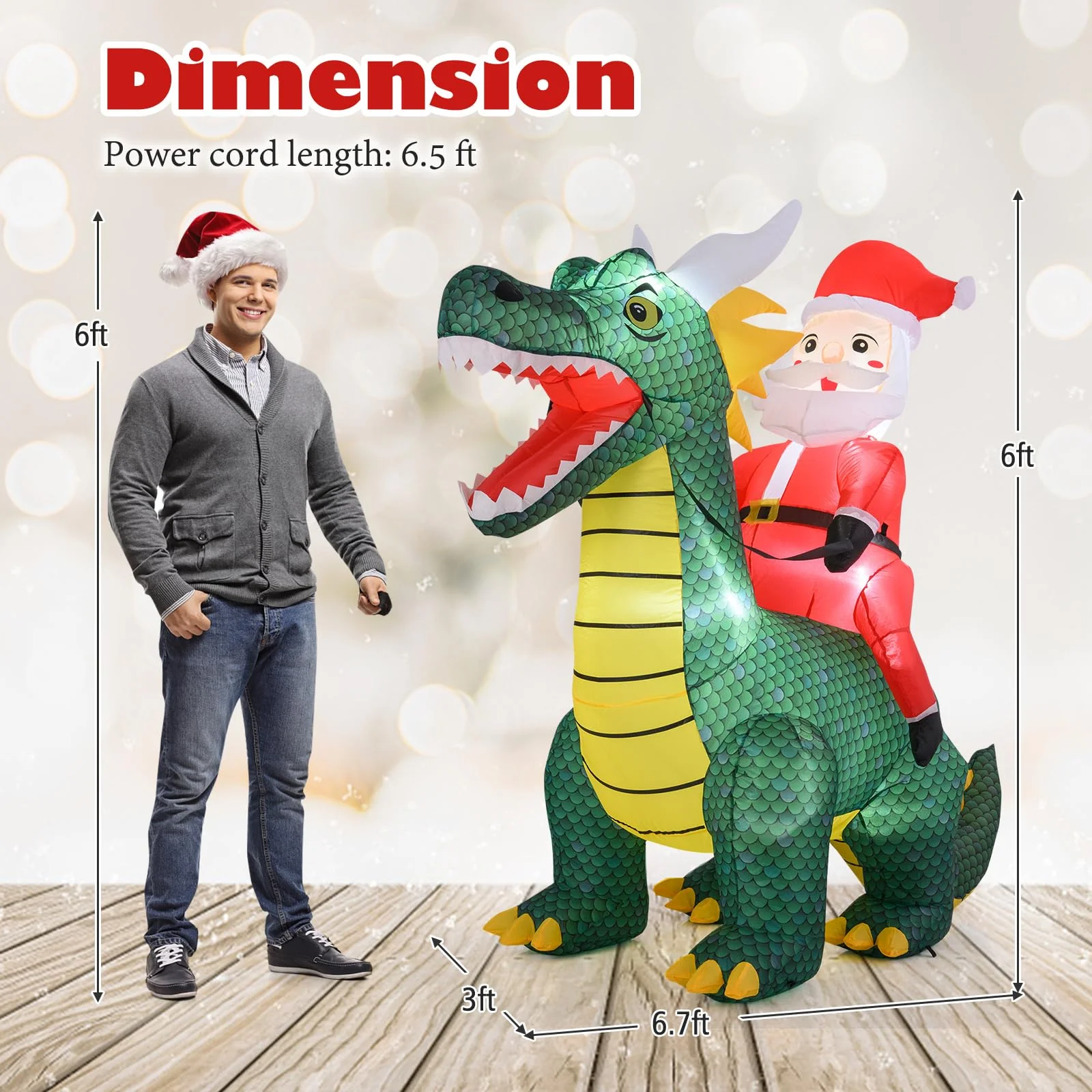 Goplus 6.7 FT Inflatable Christmas Santa Claus Riding Dinosaur Decoration with Lights Stakes - Image 6